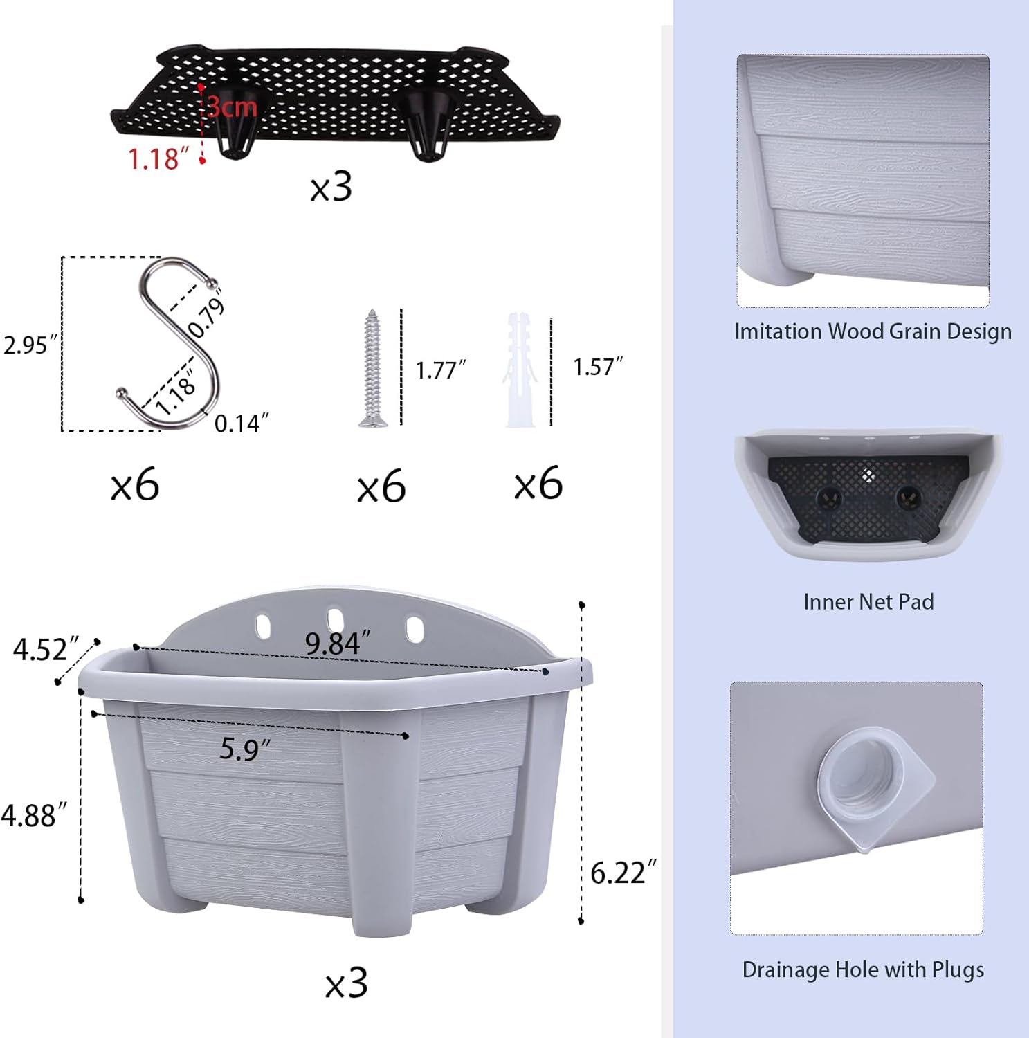 summer flower 3Pcs Hanging Plant Pots,Hanging Flower Pot with Detachable Hooks,9.84" Wall Planters for Balcony Decor Garden Yard(Gray)