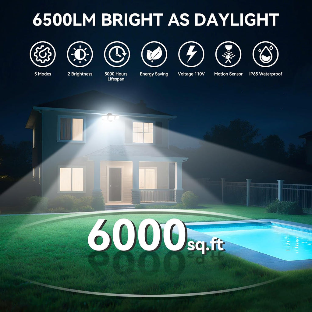 65W LED Flood Lights Outdoor, 6500LM, Waterproof, 6500K Motion Sensor Flood Lights Outdoor with Adjustable 3 Head Detected Floodlight for Outside Entryway Garage, Yard, Porch