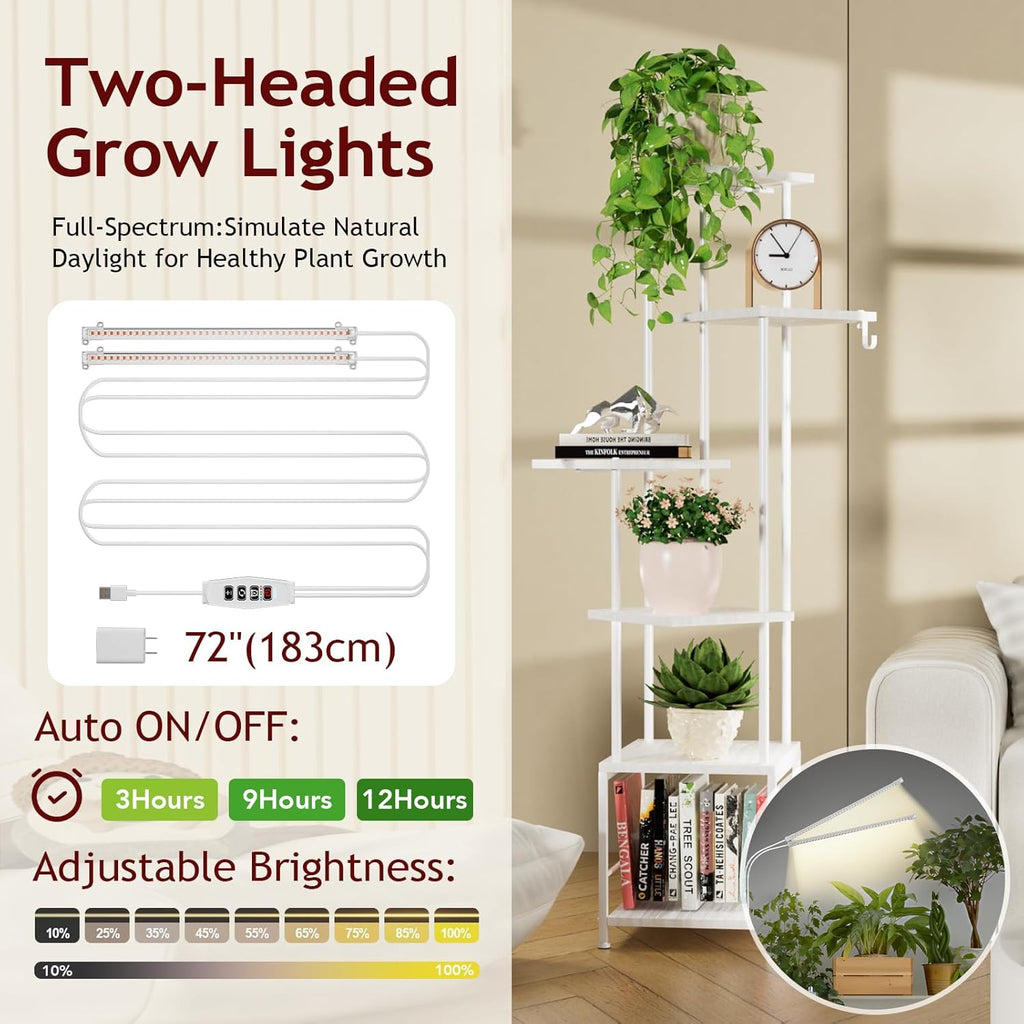 Plant Stand Indoor with Grow Light, 6-Tiered Tall Plant Stand Indoor, Metal Plant Shelf with Hanging Basket Hook and Adjustable Light, Ideal for Living Room, Garden, Patio white