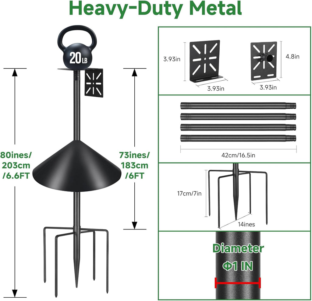 Smart Bird Feeder Pole with Squirrel Baffle & Bath-Heavy Duty Adjustable 3-6.6ft Universal Stand Mount for Backyard&Outdoor Bird Houses/Cameras (80'Pole-Baffle)