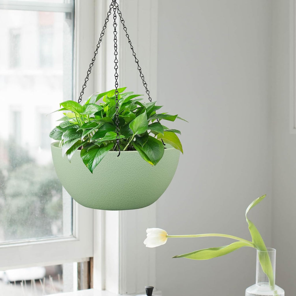 10 inch Hanging Planters for Outdoor Indoor Plants with Drainage Holes and Chain, 2 Pack Round Hanging Flower Pots for Garden Home Porch Decor,Green