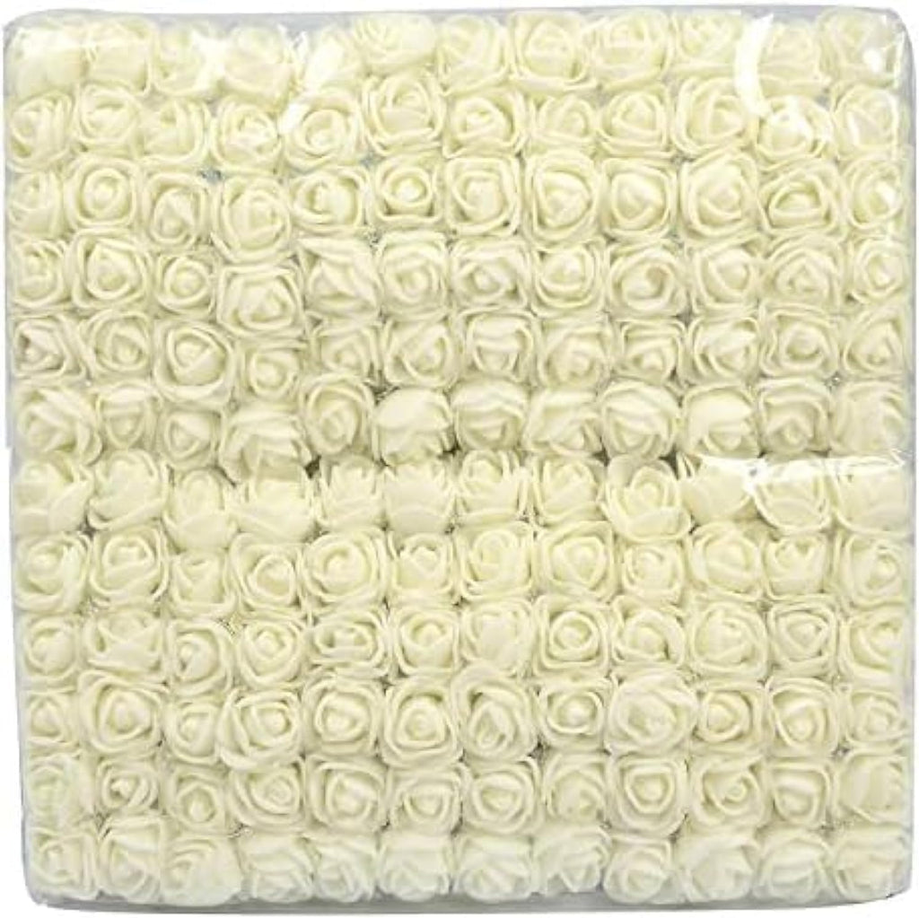 Mini Fake Rose Flower Heads 144pcs Mini Artificial Foam Roses DIY Wedding Flowers Accessories Make Bridal Hair Clips Headbands Dress (Bottom add Gauze) for Valentines Day,Wedding,Bridal (Milk White)