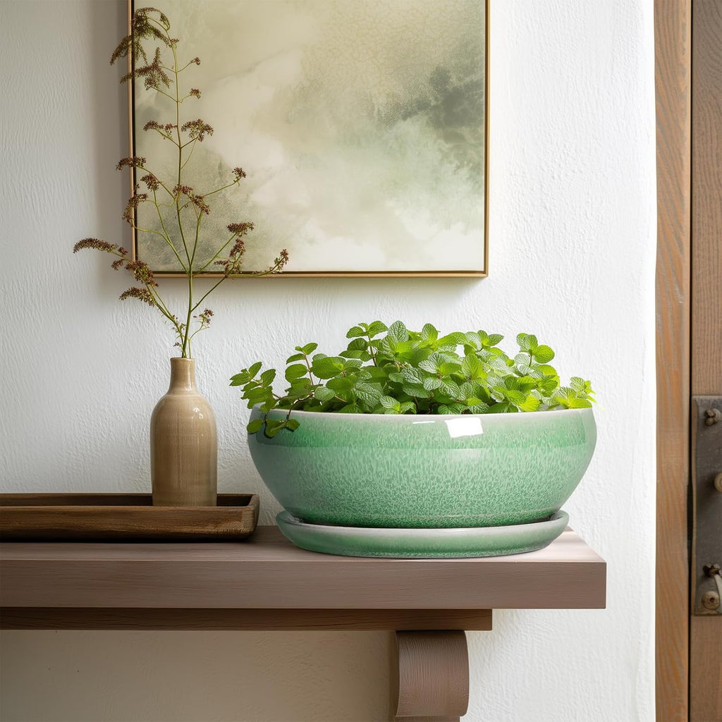 SQOWL Bonsai Pots - 10 Inch Ceramic Succulent Pots with Drainage Hole and Saucer, Shallow Planter for Indoor Plants Flowers, Round Planter Bowl, Living Room Decor, Plant Lover Gifts, Green