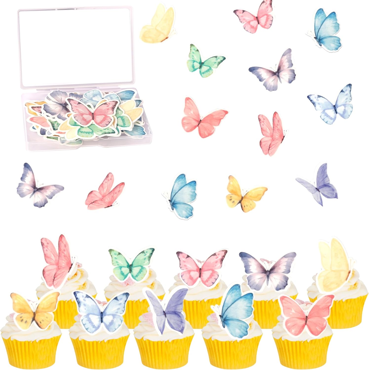 60 PCS Edible Butterfly Cupcake Toppers Edible Fondant for Cake Wafer Paper Butterflies Cupcake Picks Butterfly Cake Decorations Butterflies Theme Birthday Anniversary Wedding Party Supplies Colorful