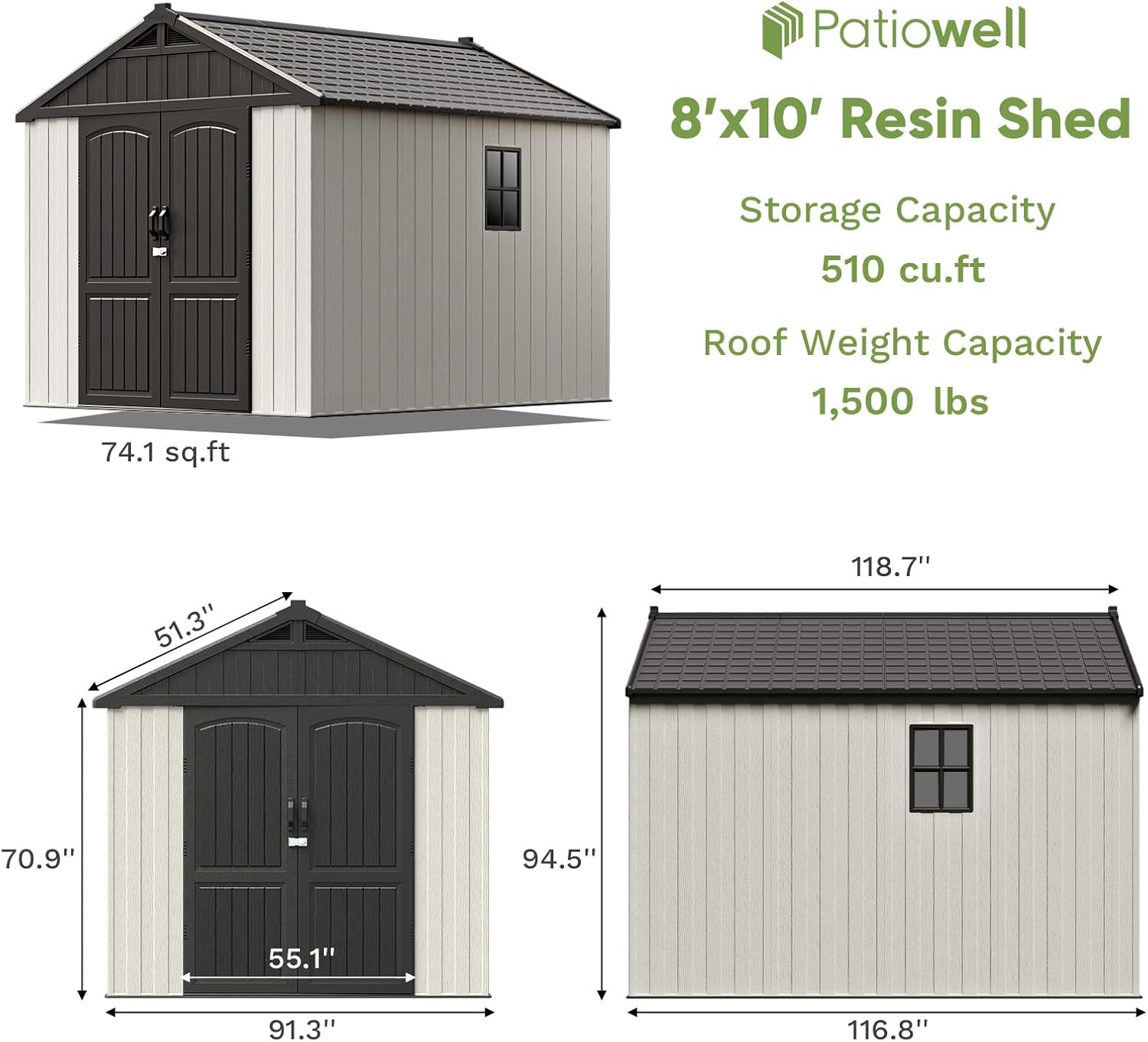 Patiowell 8 x 10 FT Resin Outdoor Storage Shed with Floor, Plastic Shed with Window and Lockable Door for Garden, Backyard, Tool Storage Use, Easy to Install in Beige (Kick-it Shed)