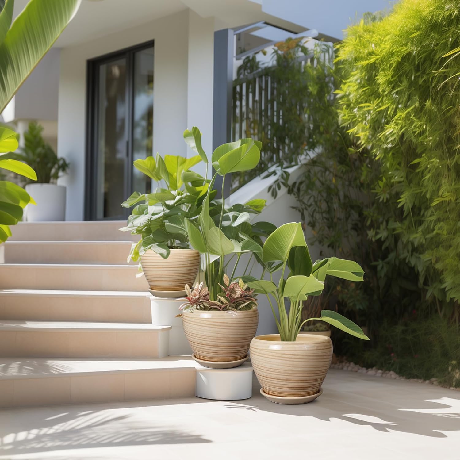 Ceramic Pots for Plants - 10 Inch 8 Inch 6 Inch Plant Pots with Drainage Holes and Saucers Large Planters for Indoor Plants Decorative Outdoor Flower Pots Set of 3 Yellow