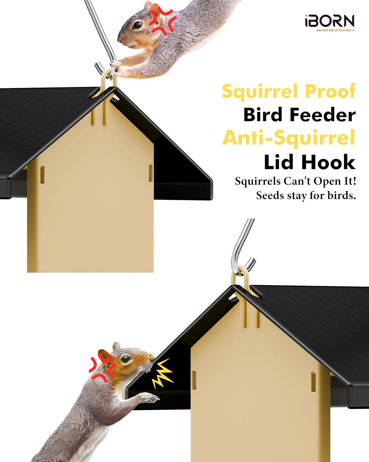 iBorn Bird Feeders for Outdoors,Bird House Feeder with Weatherproof Metal Roof & 8 Drain Holes,Fully Detachable Birdfeeder Design,Easy Clean & Refill,Chew-Proof PC Windows,1.5 Lbs Capacity,Black Roof