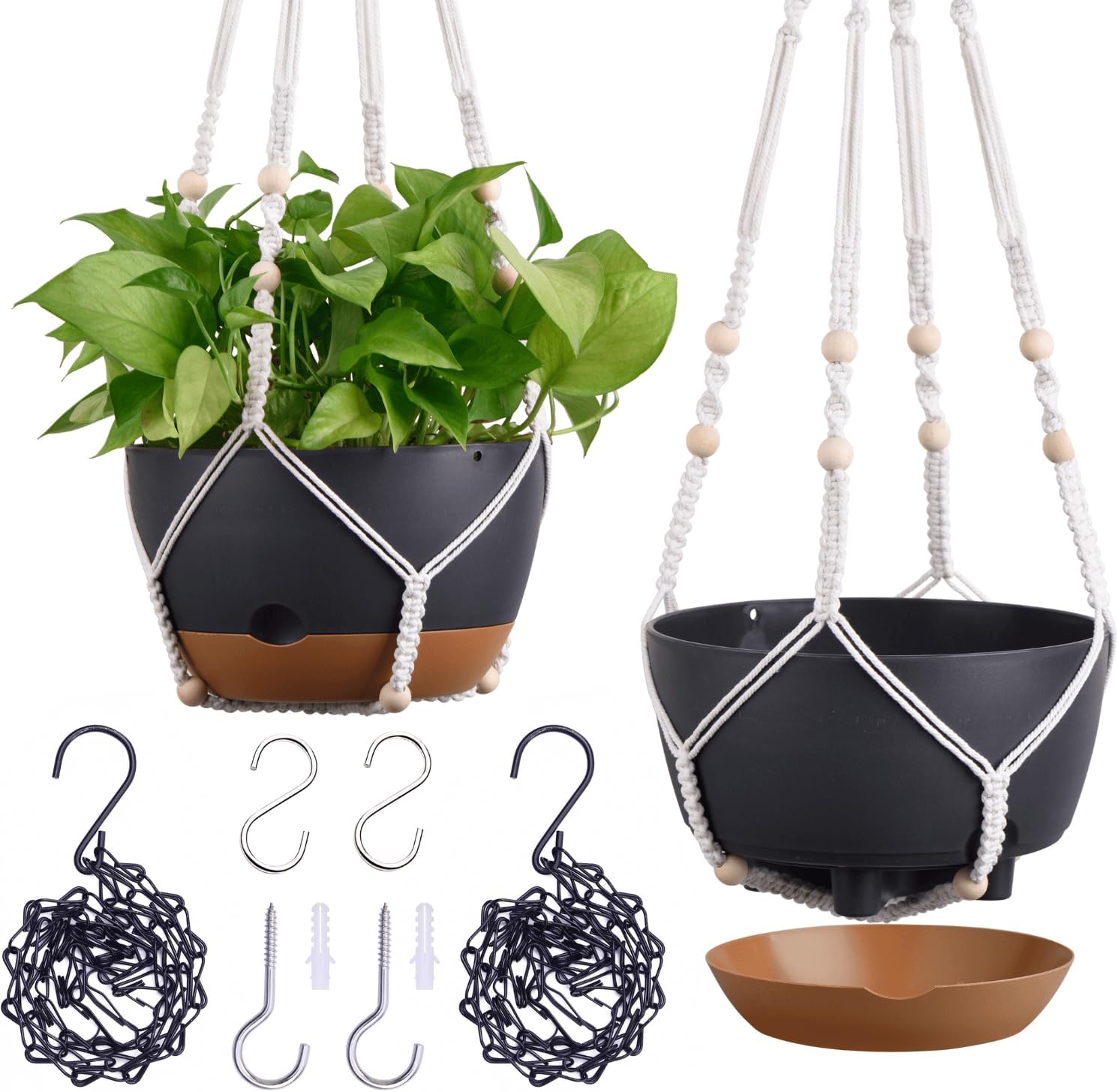 Set of 2-8 Inch Hanging Planters for Indoor Plants with Self-Watering Includes Hanging Pots for Plants, Outdoor Hanging Plant Pot with Drainage, and 2 Types of Baskets Hangers (Black)