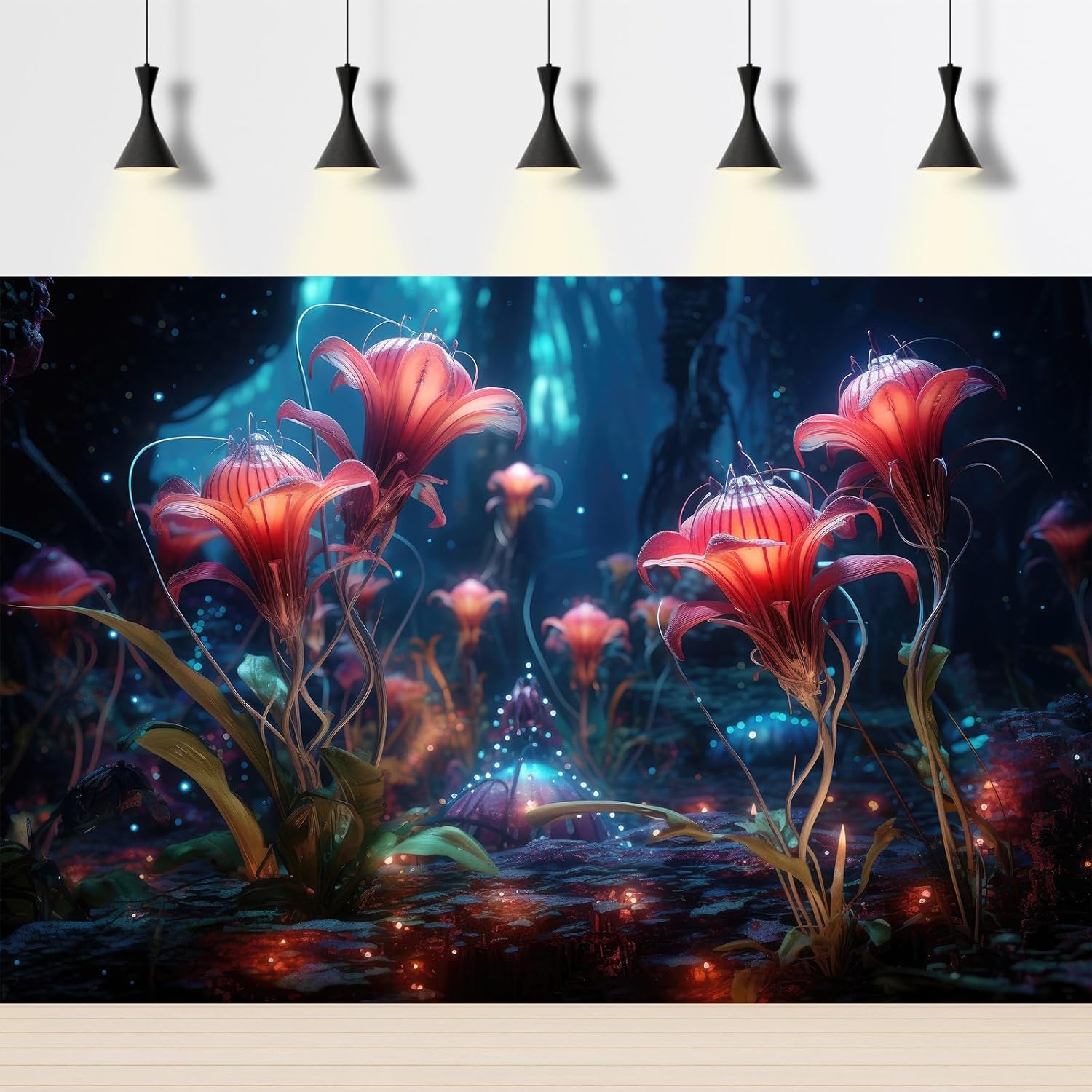 Aquarium Background Beautiful Red Translucent Flowers Terrarium Background Abstract Fantasy Plants Underwater World Tank Poster Glowing Flowers Foggy Forest Fish Tank Background Decors Vinyl 30x18in
