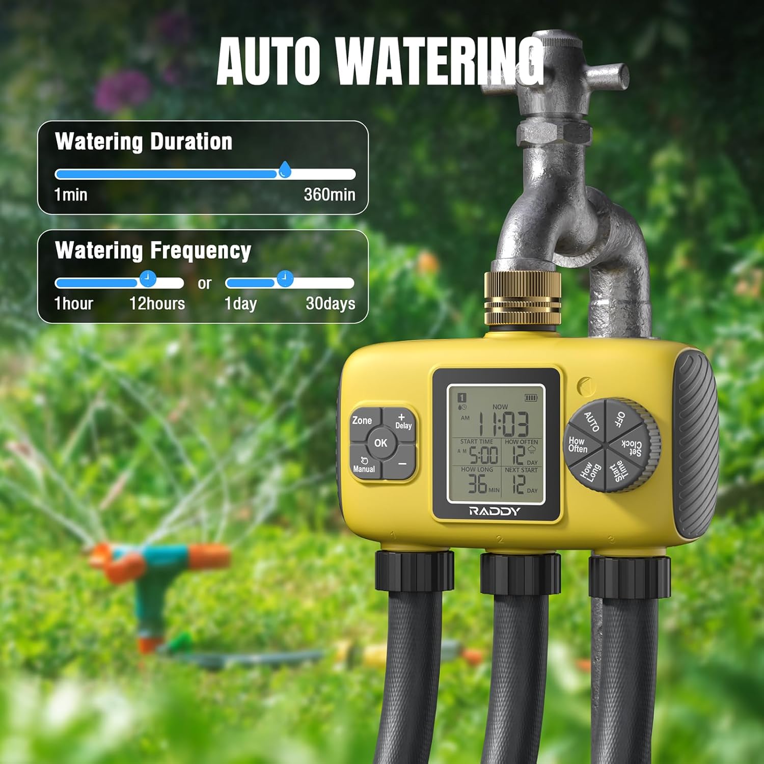 Raddy WS-8 Sprinkler Timer 3 Zone, Heavy-Duty Outdoor Irrigation Controller with Manual Watering, Rain Delay, High-Pressure 6V Valve, Fully Waterproof for Garden Yard, Yellow