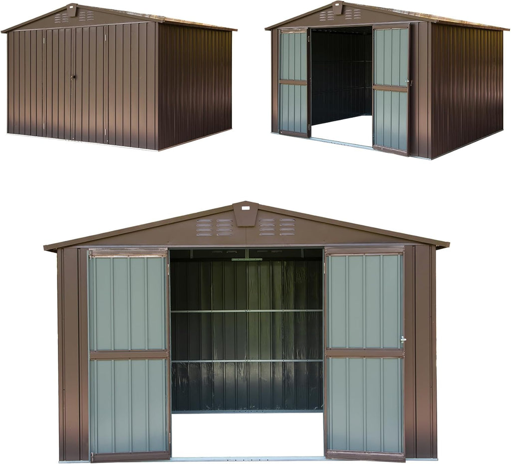 Domi Outdoor 10' x 8' Storage Shed, Metal Steel Utility Tool Shed Storage House with Double Lockable Doors & Air Vents for Backyard Patio Garden Lawn Brown