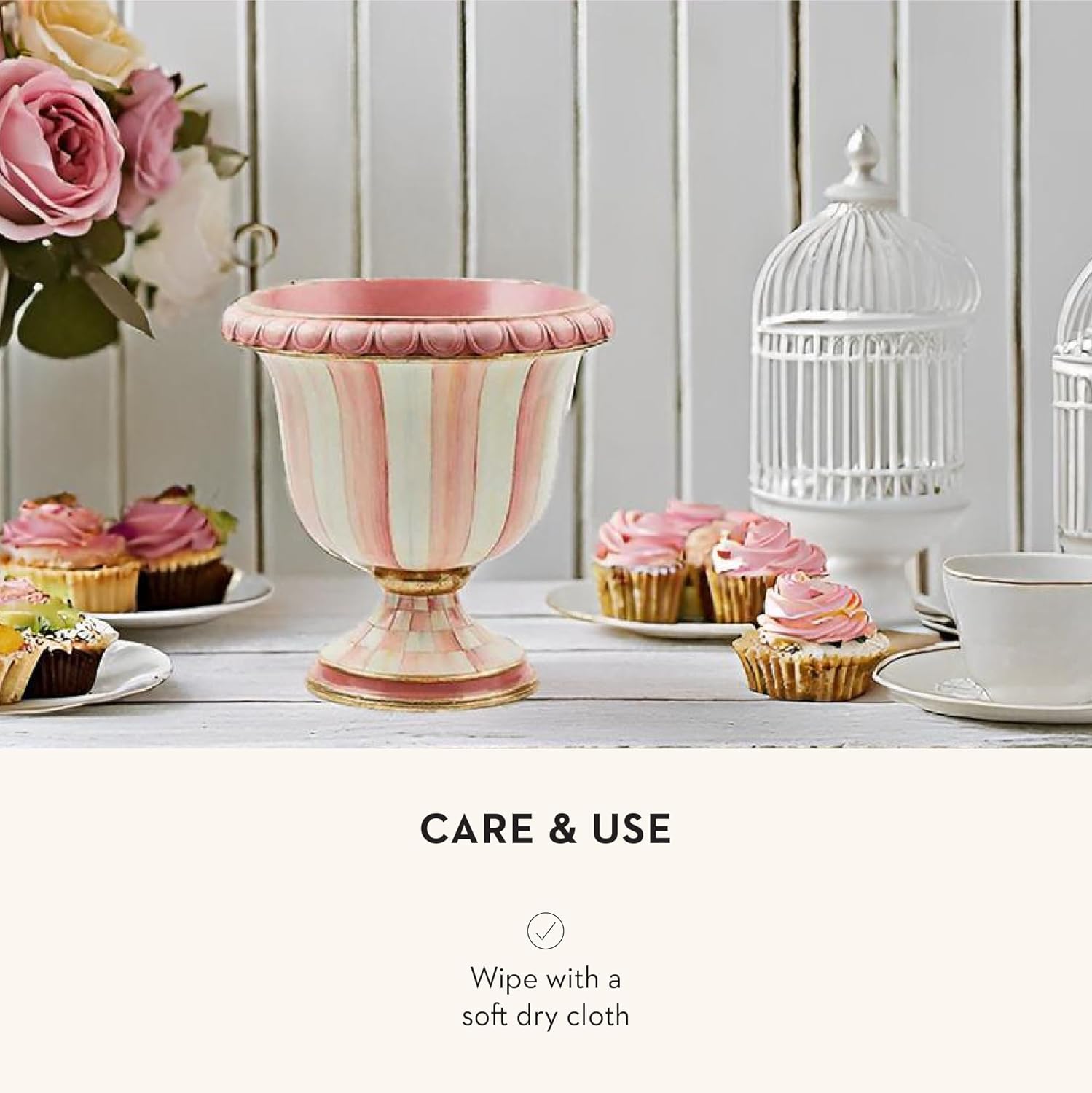 MACKENZIE-CHILDS Pedestal Tabletop Urn, Decorative Centerpiece for Table, Mantel, or Shelf, Small, Pink-and-White Rosy Stripe