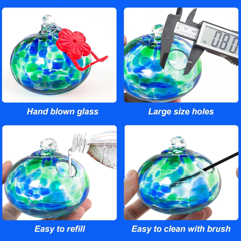 6 Pcs Heart-Shaped Hummingbird Feeder for Outdoors, Flexible Stackable Hand Blown Glass Humming Bird Feeders with 6 Adjustable Perch for Garden Tree Yard Patio Outdoors (Heart Shaped, Dotted Blue)