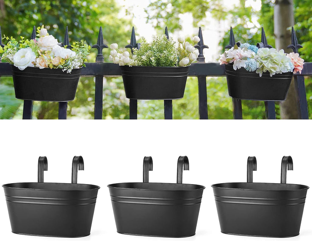 Dahey Metal Iron Hanging Flower Pots for Railing Fence Hanging Bucket Pots Countryside Style Window Flower Plant Holder with Detachable Hooks Home Decor,Black,3 Pcs