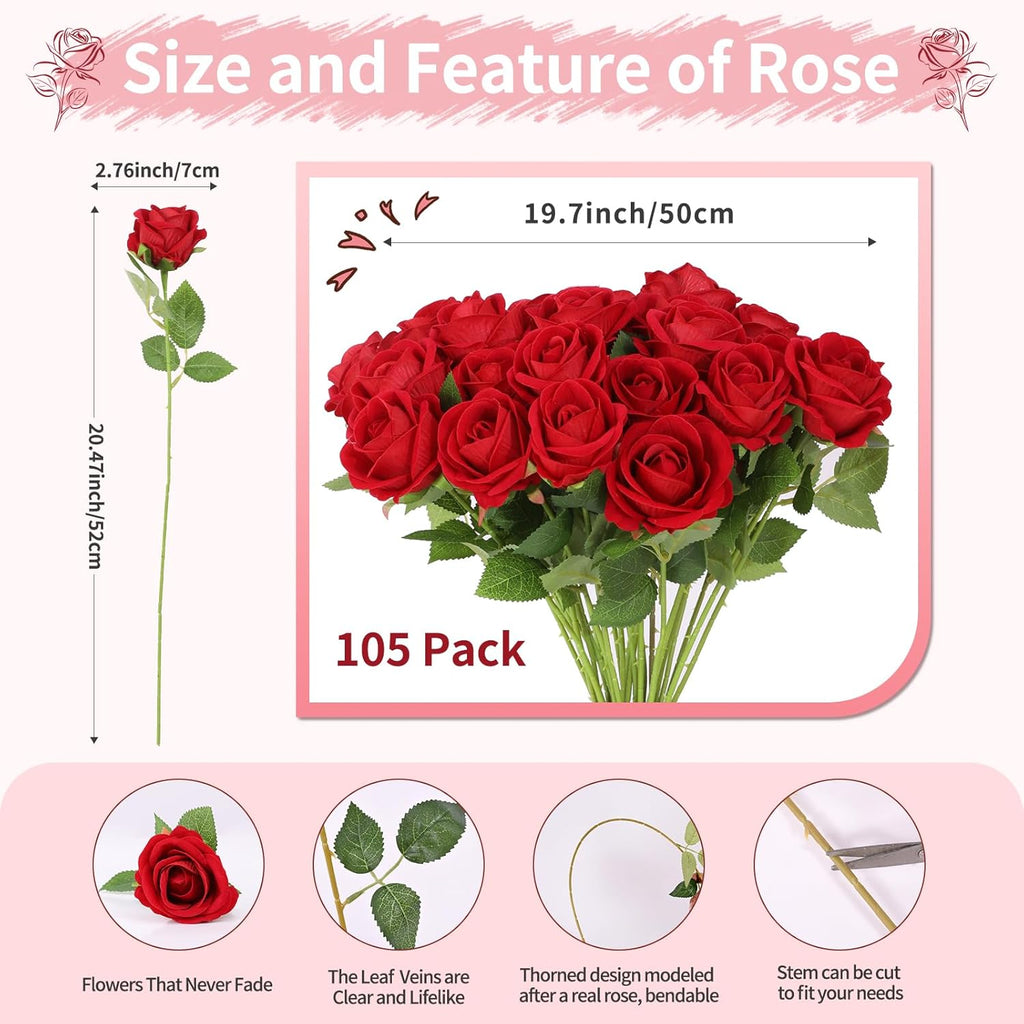 102 PCS Fake Roses Artificial Flowers Bulk, Red Roses Bridal Bouquet Silk Faux Rose with Stems for Wedding Flowers Decoration, Valentine's Day, Bridal Bouquet, Anniversary,Home Decor (102PCS, Red)