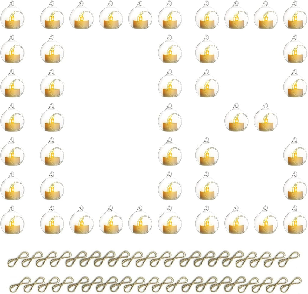 108 Pcs Mini Hanging Tealight Holder with LED Candles, 2.36in Hanging Glass Globes Candle Holder, Hanging Glass Terrarium Glass containers for Wedding Party Tree Decoration (Contains LED Candles)