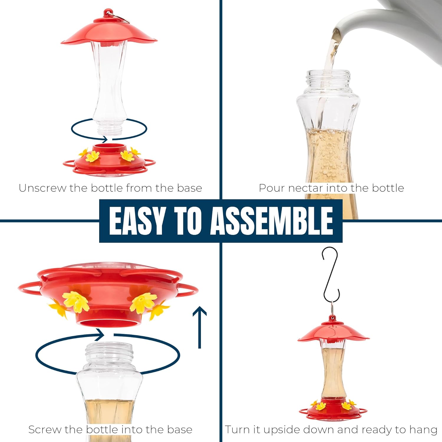 MEKKAPRO Hummingbird Feeders for Outdoors Glass - Red Hummingbird Feeders for Outdoors, Metal Ring, Bee-Proof Design, Easy Assembly, Red Hummingbird Feeder 10 oz