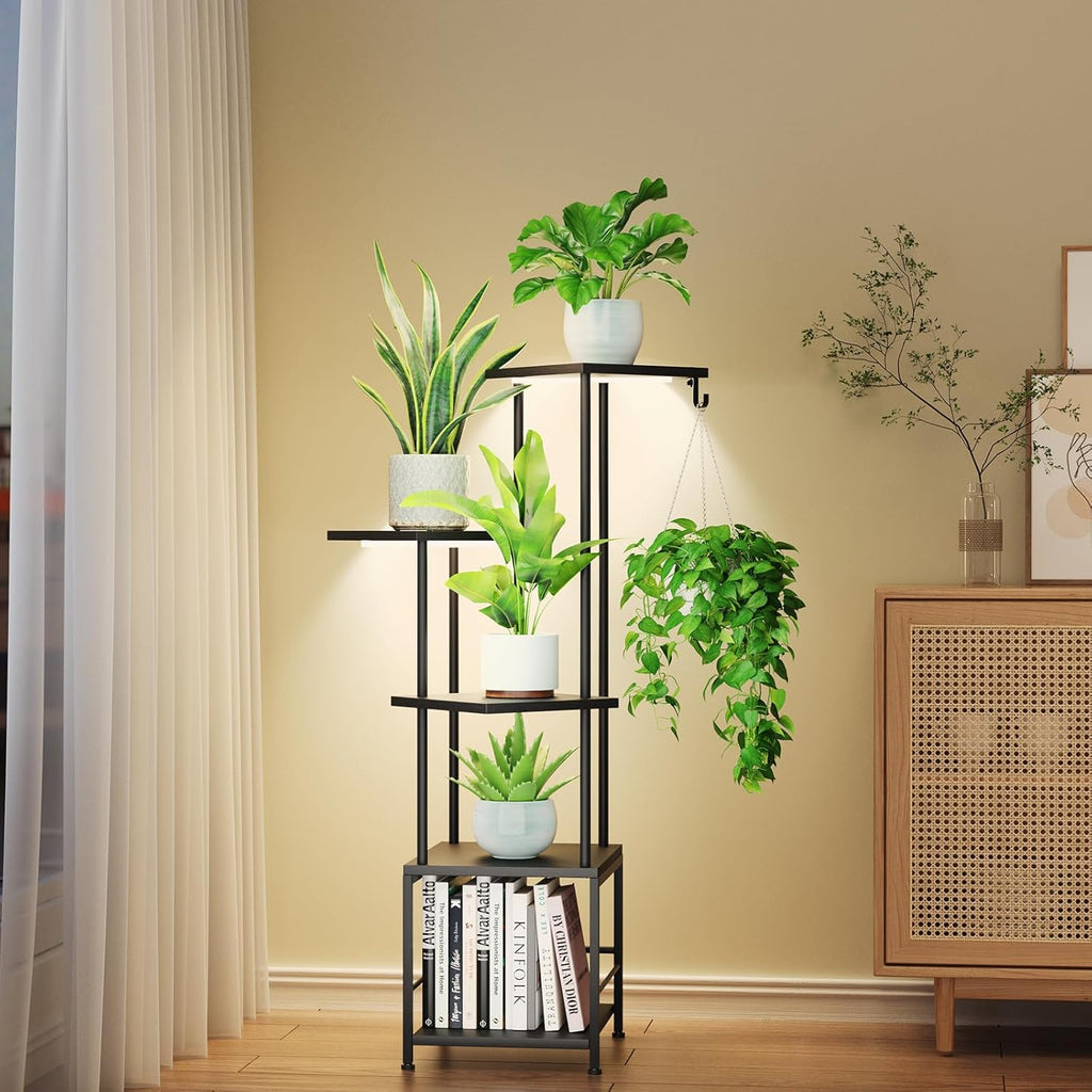 Plant Stand Indoor with Grow Light, 5-Tiered Tall Plant Stand Indoor, Metal Plant Shelf with Hanging Basket Hook and Adjustable Light, Ideal for Living Room, Garden, Patio (Black )
