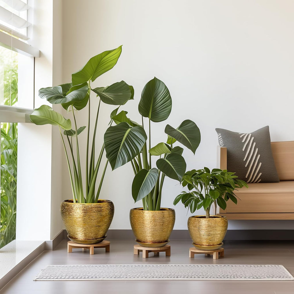 Flower Pots for Indoor & Outdoor Plants - Ceramic Pots 10 Inch, 8 Inch, 6 Inch with Drainage Holes, Saucers - Decorative Large Planters Set of 3 Gold