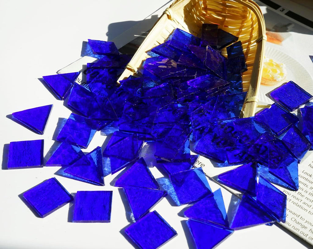 Large Size Textured Transparent Glass Tiles, 200g Mixed Shapes Stained Glass Pieces for DIY Mosaic Crafts, 70pcs for Bold Mosaic Projects, Turquoise Blue