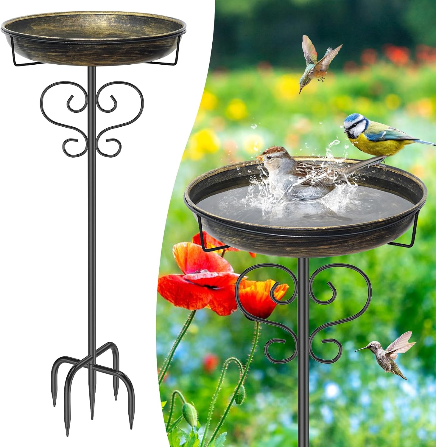 Bird Bath for Outside,Freestanding Metal Bird Bath Feeder with Heavy Duty 5 Prong Stake, Garden Birdbath Birdfeeder Bowl for Yard Lawn Patio Decor (Vintage Gold)