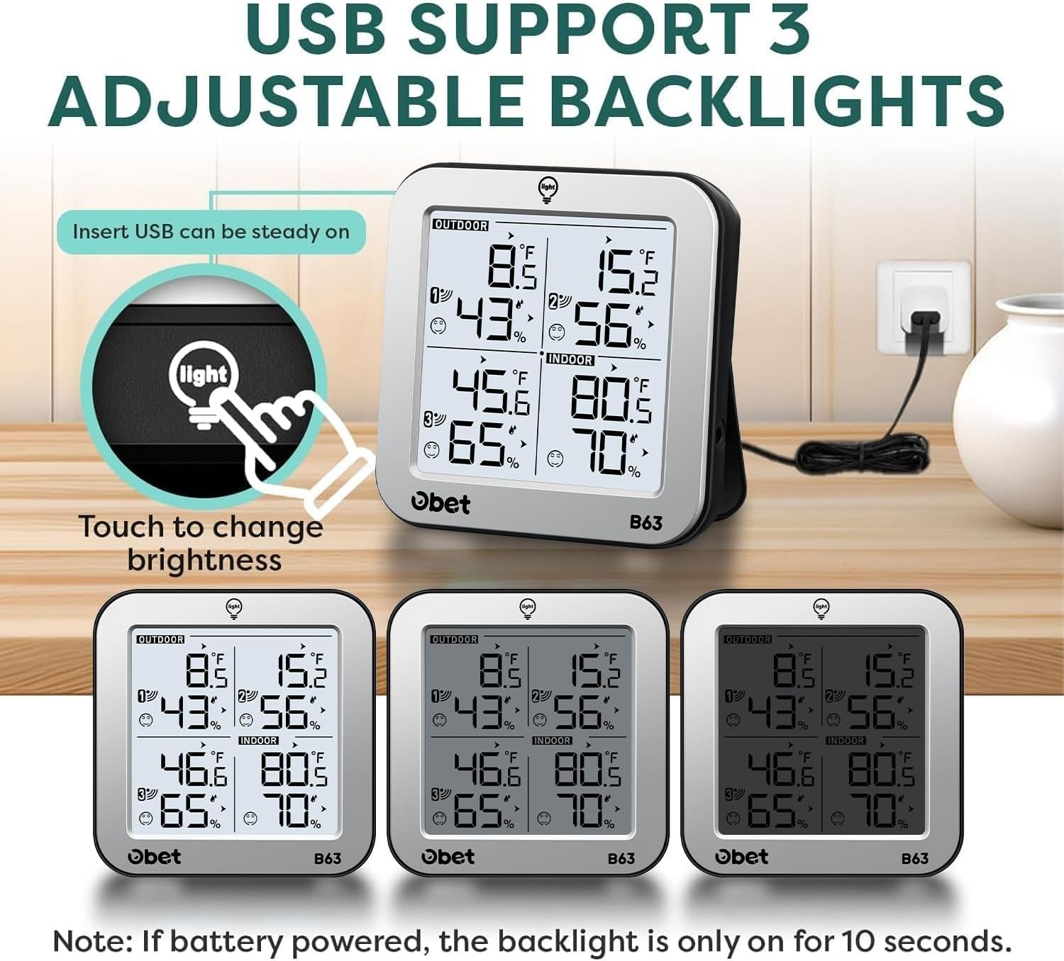 OBET Indoor Outdoor Thermometer Wireless with 3 Sensors Weather Station Temperature Humidity Monitor 500ft Range and Adjustable Backlight and Min Max Data Silver