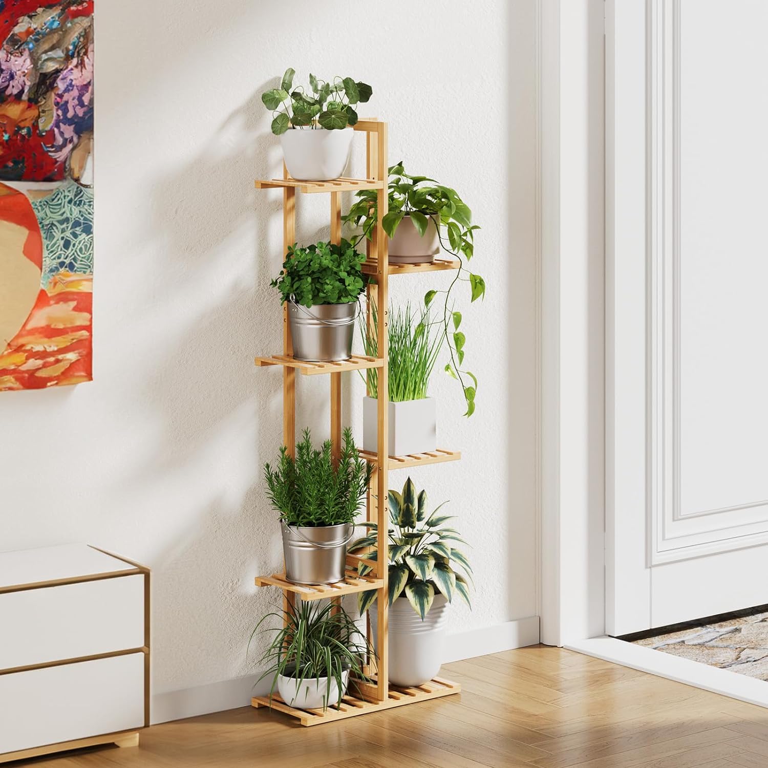 ROSSNY 48 Inch Talll Plant Stand Indoor, 6 Tier 7 Potted Bamboo Plant Stands for Indoor Plants, Corner Plant Stand, Plant Shelf For Indoor, Tiered Plant Stands, Indoor Plant Holder, Natural