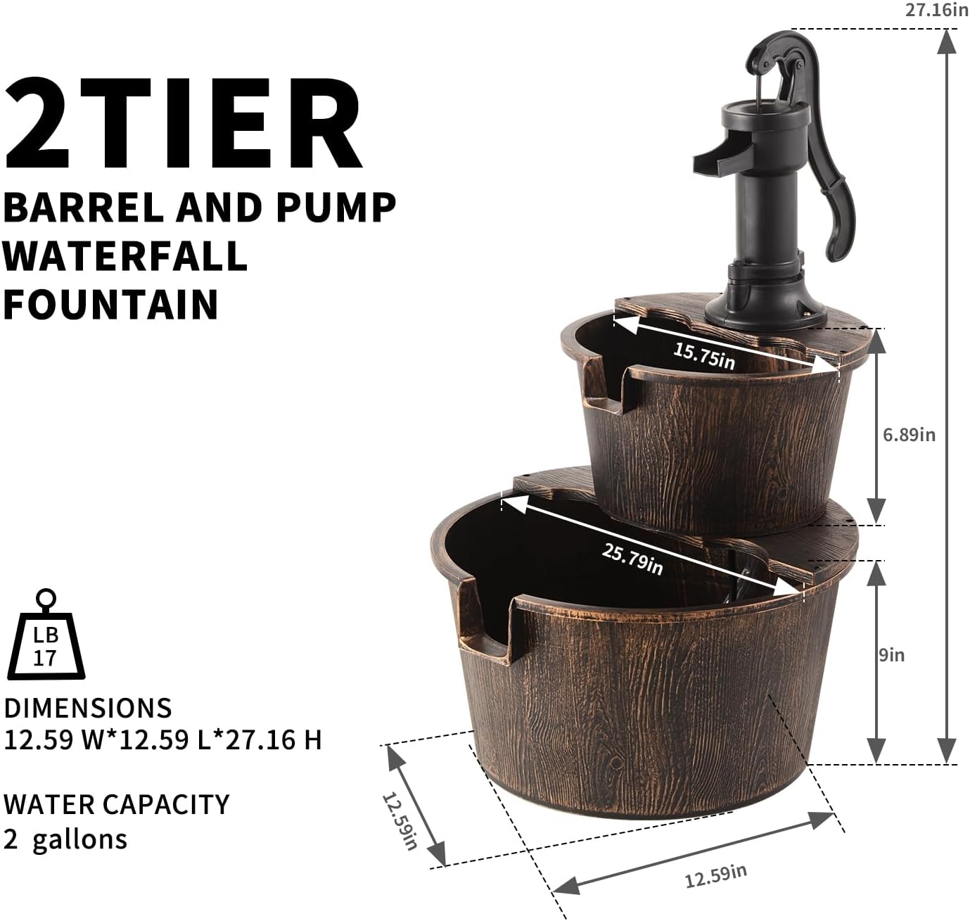 YI 27-Inch 2 Tier Water Fountains Outdoor Waterfall Barrel Fountain Pump Garden 2-Tier Barrel and Pump Waterfall Fountain, Plastic for Garden Patio Backyard Porc