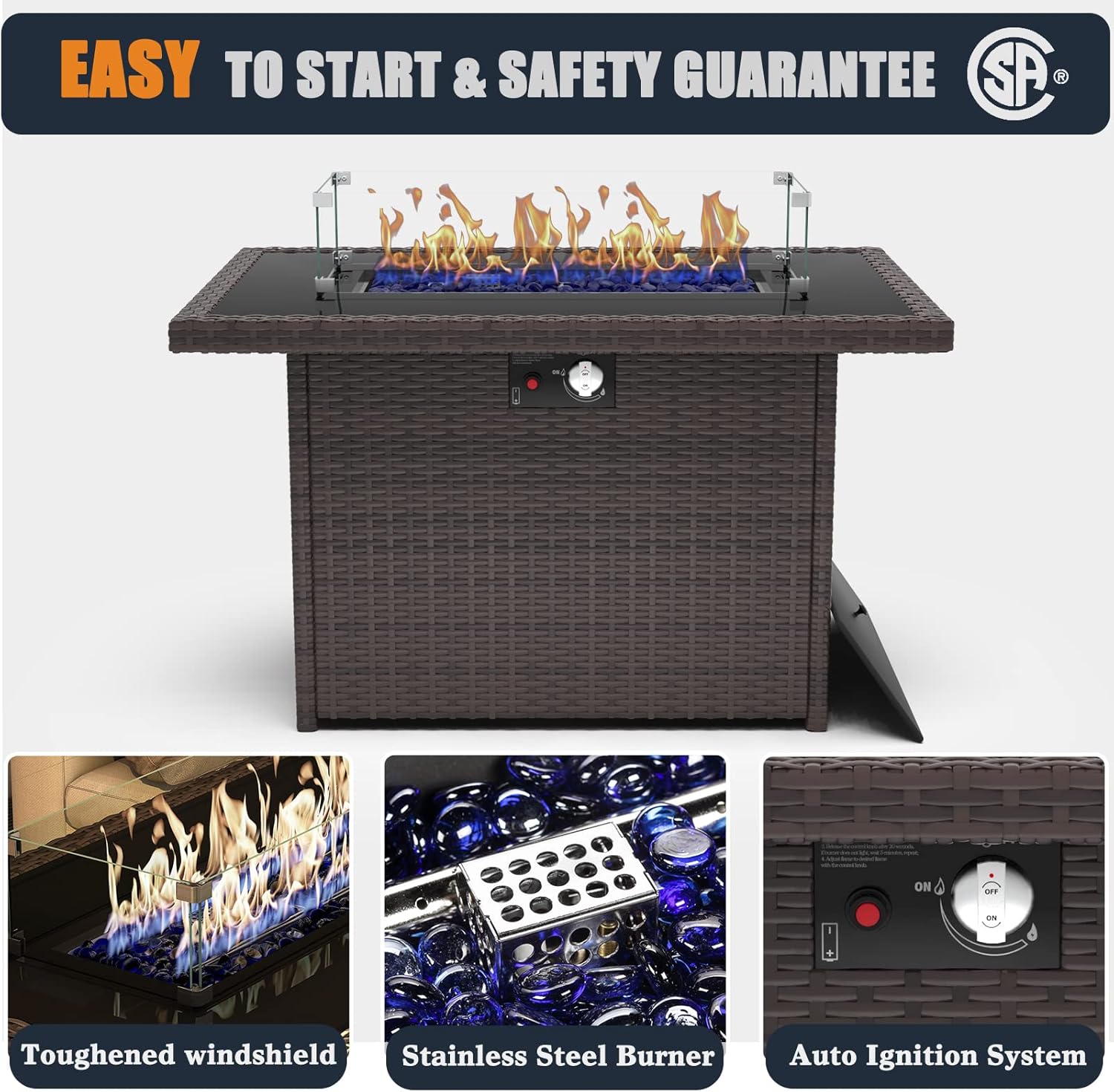 44 Inch Propane Gas Fire Pits Table for Outside Patio, 60000 BTU Rectangular Outdoor Wicker Rattan Fire Pit with Glass Wind Guard