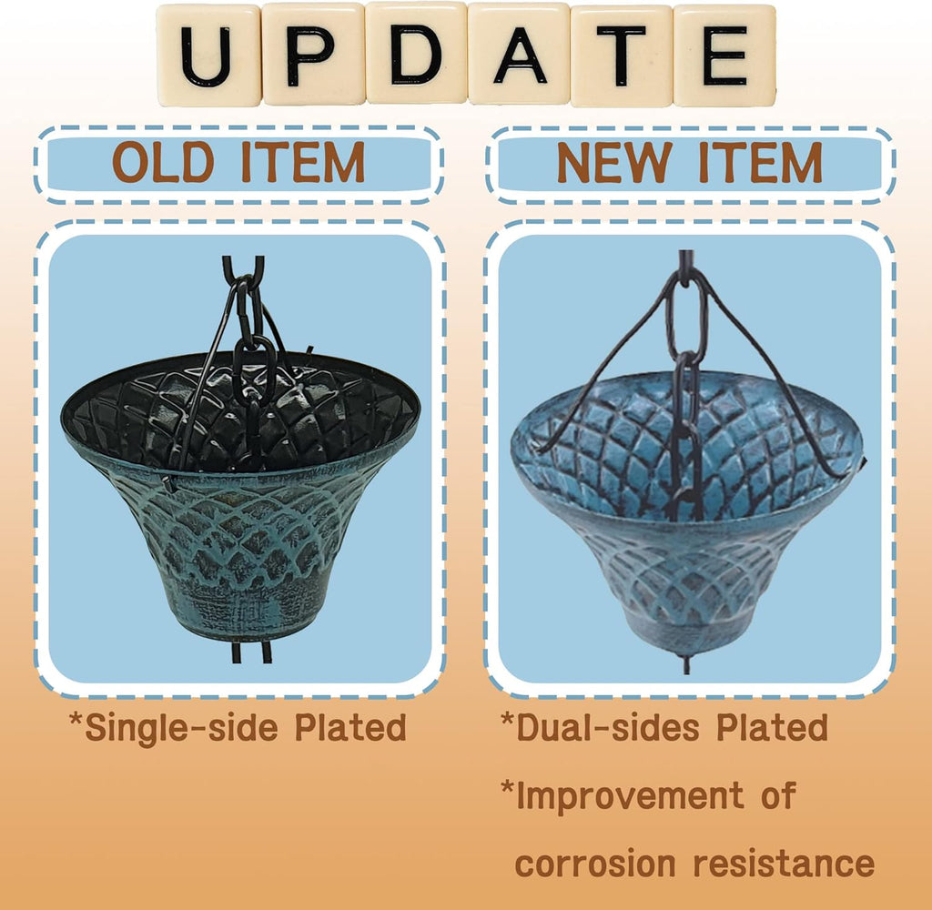 [Upgraded] 8.5FT Antique Sky Blue Colored Iron (Double-Sided) Rain Chains for Gutter and Rain Barrel, Rust-Resistant Plated Garden Décor Rain Chain for Downspout (not Included an Adapter)