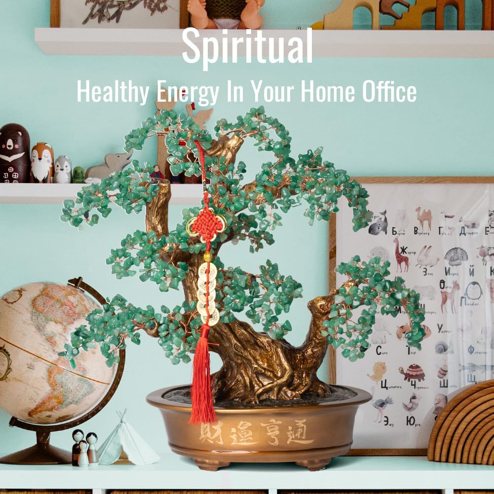 Green Aventurine Gemstone Crystal Bonsai Tree of Life（1,350 Gemstone Count） Large Feng Shui Money Chakra Tree for Luck and Wealth Desk Decoration 20 Inches