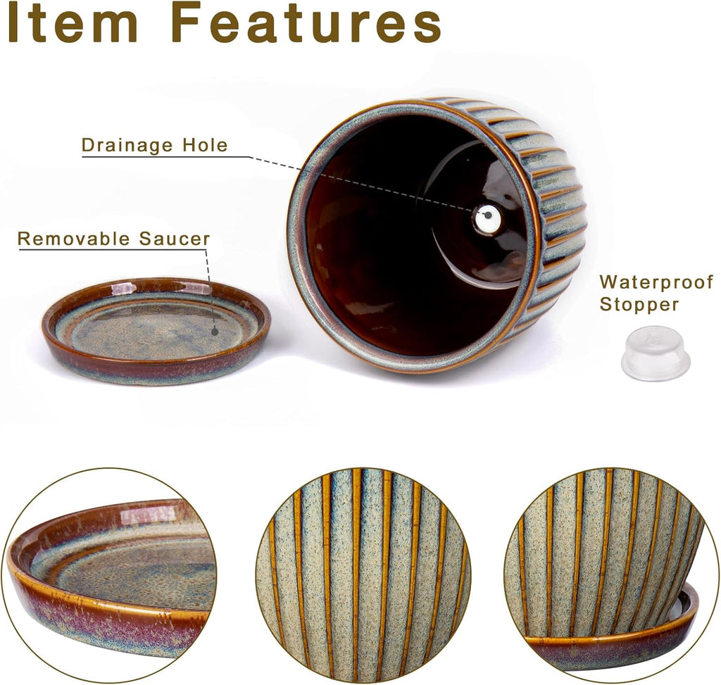 Oairse Ceramic Pots for Indoor Plants, 5.7 inch Pots for Plants Set of 2 Brown Planters with Drainage Holes and Saucers Texture Ceramic Planters Indoor Outdoor for Succulent