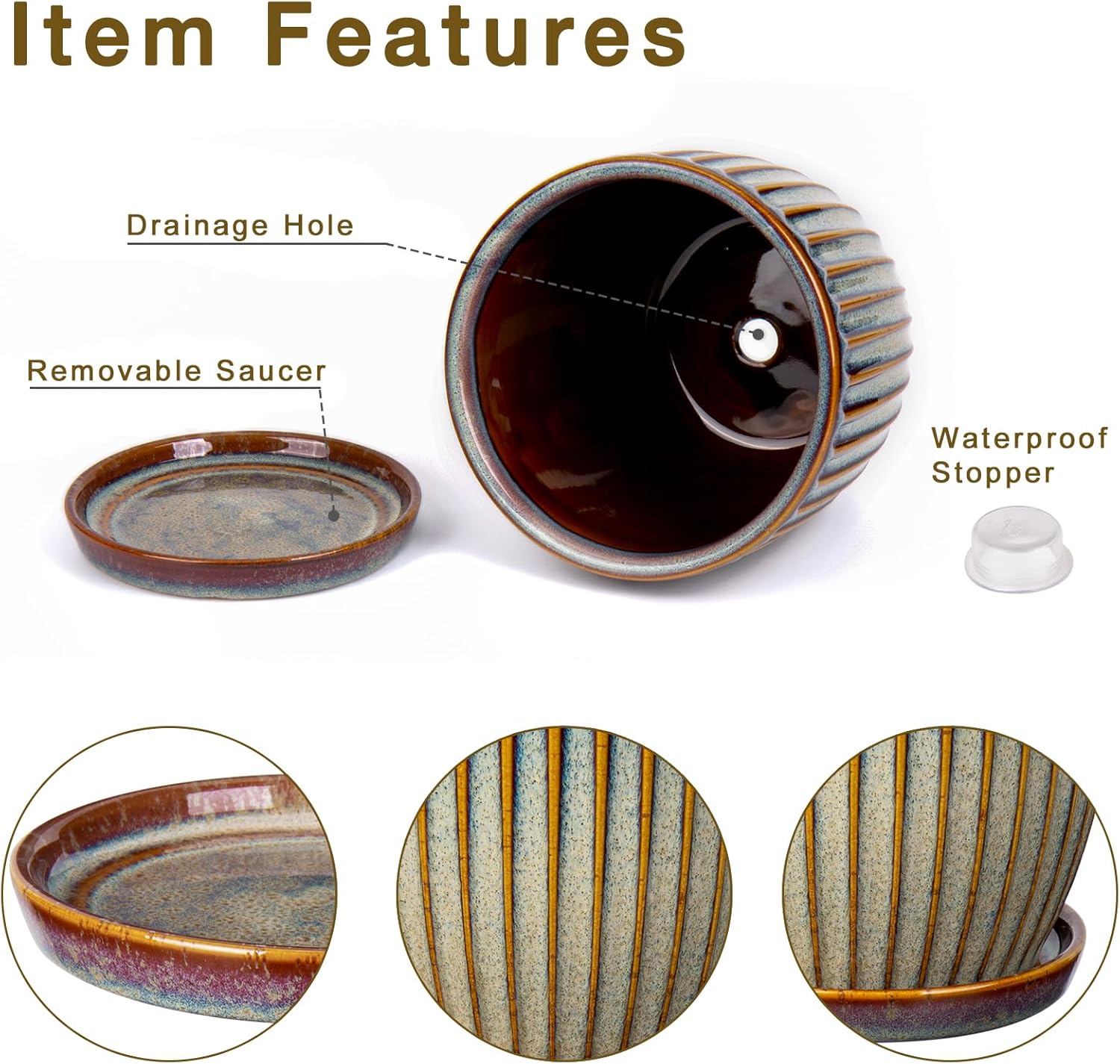 Oairse Ceramic Pots for Indoor Plants, 5.7 inch Pots for Plants Set of 2 Brown Planters with Drainage Holes and Saucers Texture Ceramic Planters Indoor Outdoor for Succulent