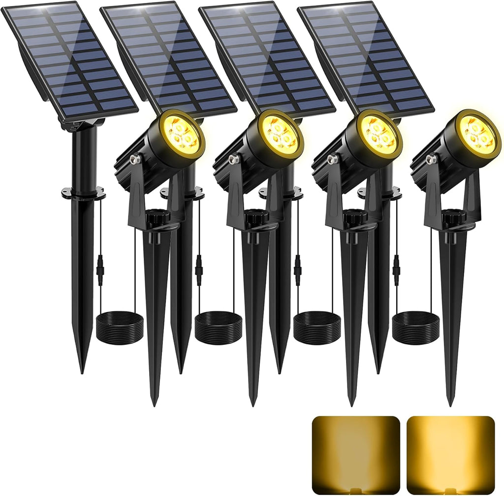 Solar Spot Lights Outdoor, Solar Landscape Spotlights IP65 Waterproof 9.8ft Cable, Auto On/Off Outdoor Wall Lights for Garden Yard Driveway Porch Walkway Pool (1-in-1 3000K Warm White 4 Pack)