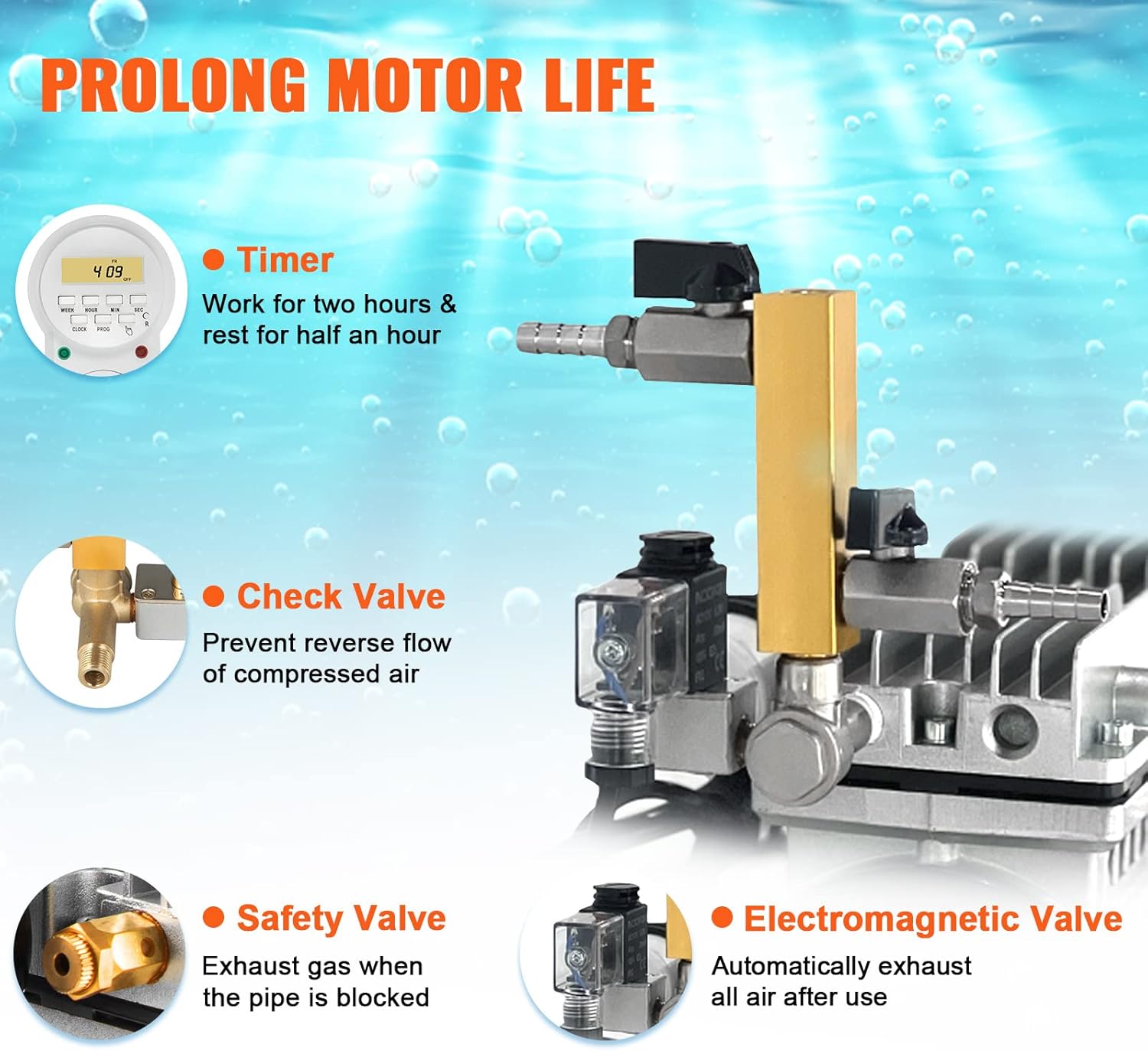 VEVOR Pond Aerator, 550W Power, 5.2CFM for Up to 3 Acre 50' Lake, Includes 3/4 HP Compressor & 2 100' Weighted Tubings & 2 Diffusers, Air Compressor for Deep Water Oxygen Circulation