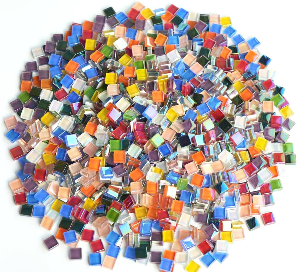 1100pcs Mixed Colors Iridescent Mosaic Tiles, 2.2lbs Crystal Glass Tiles, 3/8" Square Mosaic Tiles with Smooth Edges, 1KG Small Stained Glass Pieces Great for DIY Mosaic Crafts, Home Decor