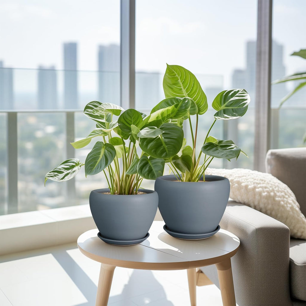 Ceramic Plant Pots - Large Planters for Indoor Plants 10 Inch 8 Inch 6 Inch Plant Pots with Drainage Holes and Saucer Fluted Round Flower Pots Outdoor Set of 3 Gray