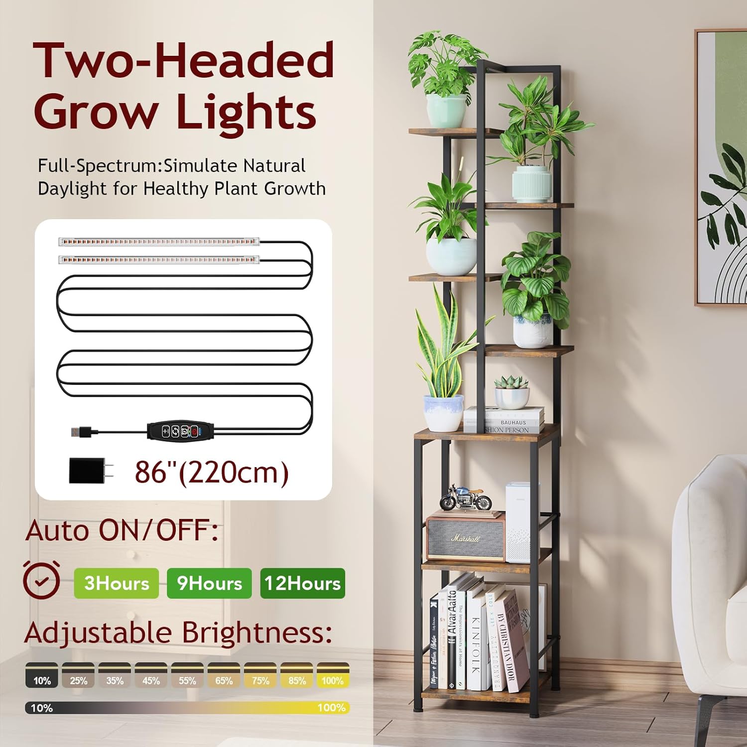 Plant Stand Indoor with Grow Light, 7-Tiered Tall Plant Stand Indoor, Metal Plant Shelf with Bookshelf Bookcase and Adjustable Light, Ideal for Living Room, Reading room, Garden, Patio (Brown)