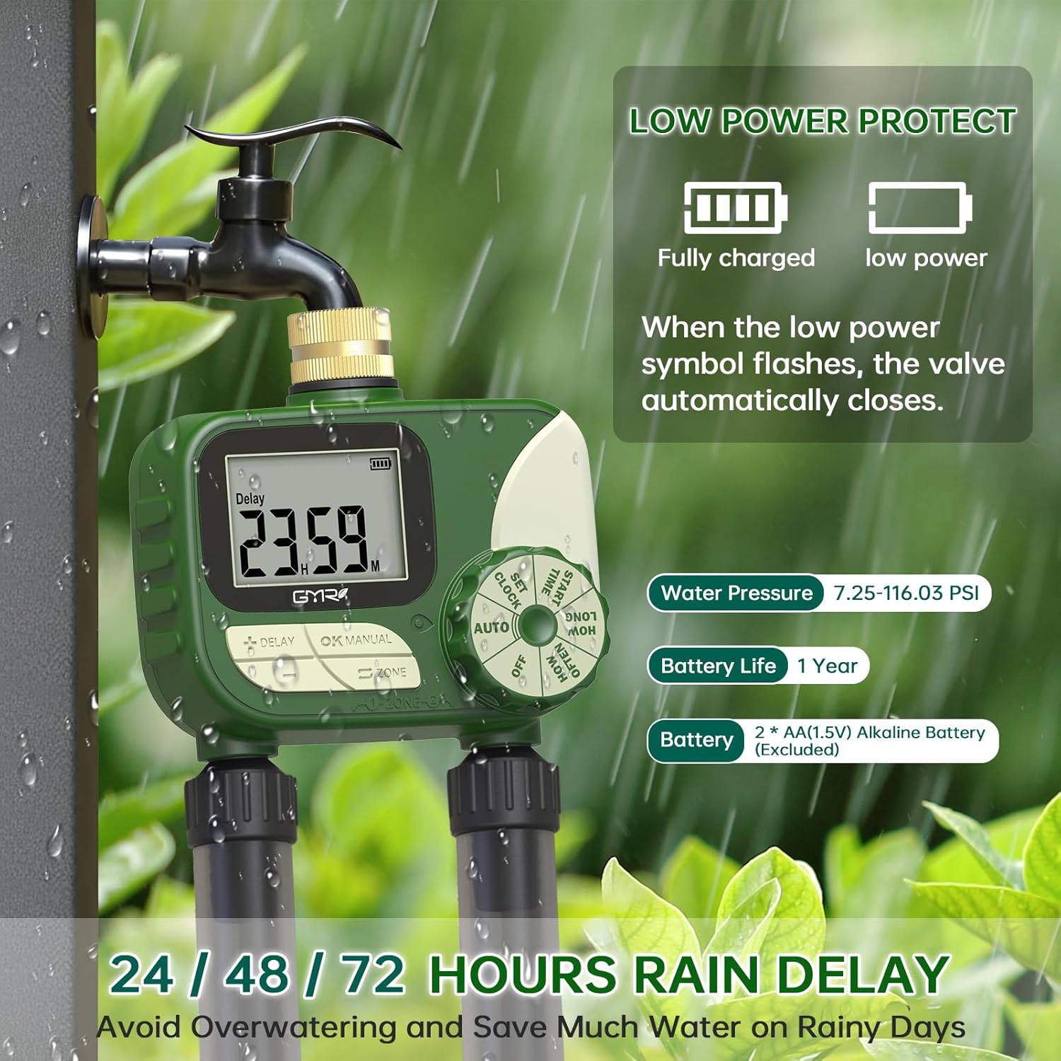 GMR Hose Timers for Watering, Sprinkler Timer Outdoor with Brass Inlet, Water Timer for Garden Hose with Rain Delay/Manual/Auto Irrigation System, Programmable Garden Hose Timer for Yard, 2 Outlet