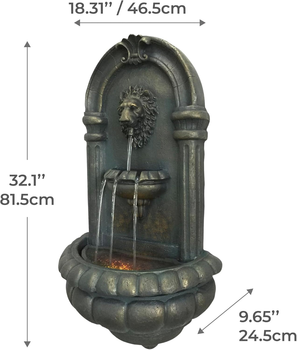 Teamson Home 32.1 in. Wall-Mounted Lion Head Stone LED Outdoor Water Fountain for Gardens, Landscaping, Patios, Balconies, Lawns to Create a Calming Oasis in Outdoor Living Spaces, Antique Bronze