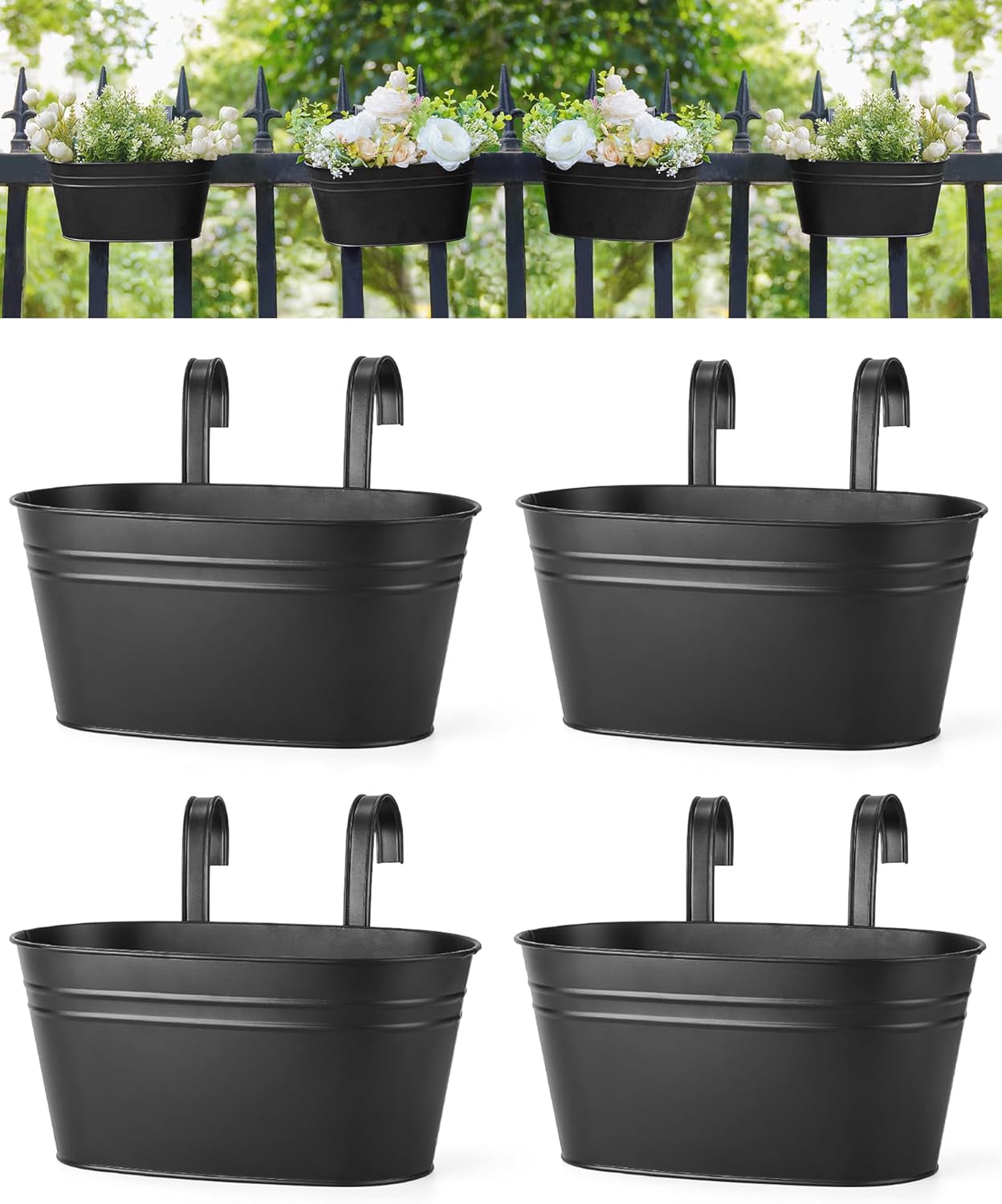 Dahey Metal Iron Hanging Flower Pots for Railing Fence Hanging Bucket Pots Countryside Style Outdoor Planter Window Flower Plant Holder with Detachable Hooks Home Decor, Black,4 Pcs