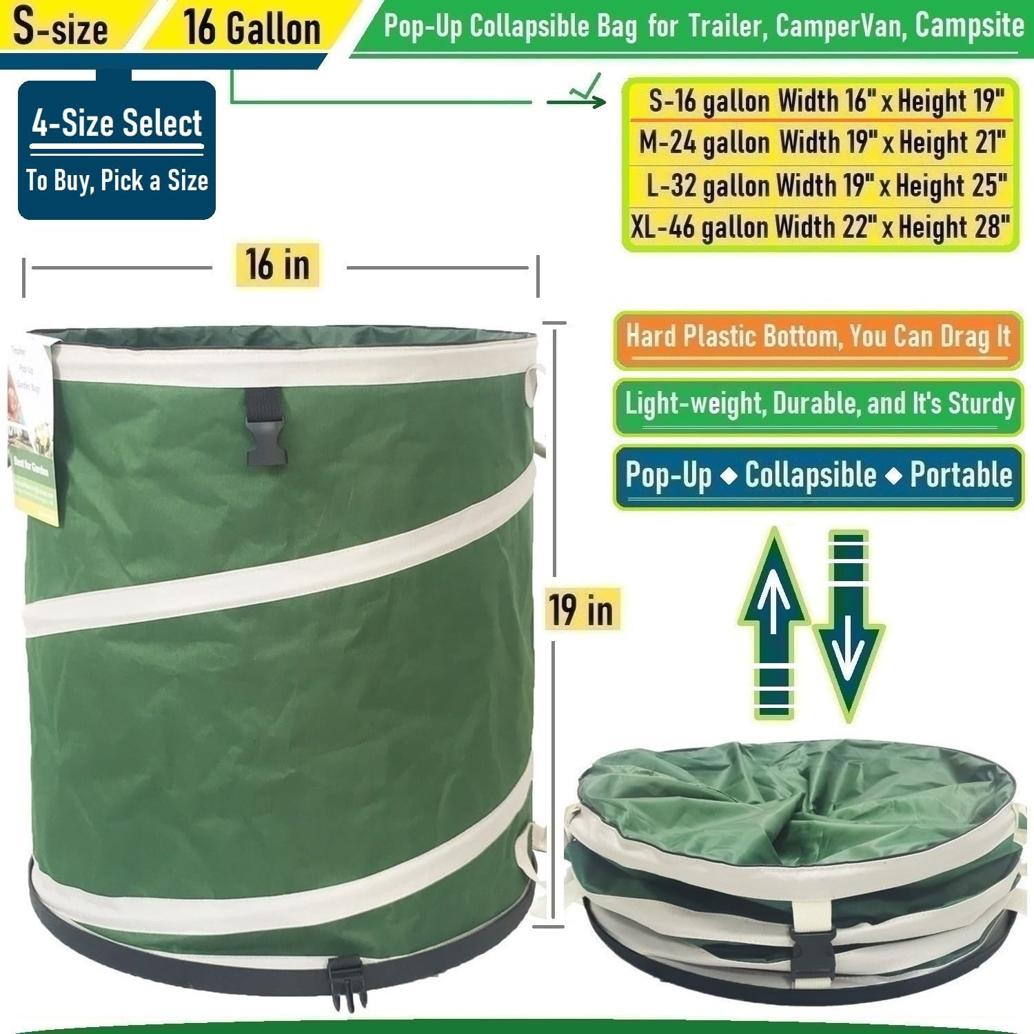 16-Gallon Collapsible Trash Can (16x19 in) Hard-Shell Bottom Yard Garden Bag for Pop-Up Trash Can,Recycling Bin,Yard Waste Container,RV Camping Waste Bin,Laundry Hamper,Lawn Grass,Leaf Bag,Weed Basket