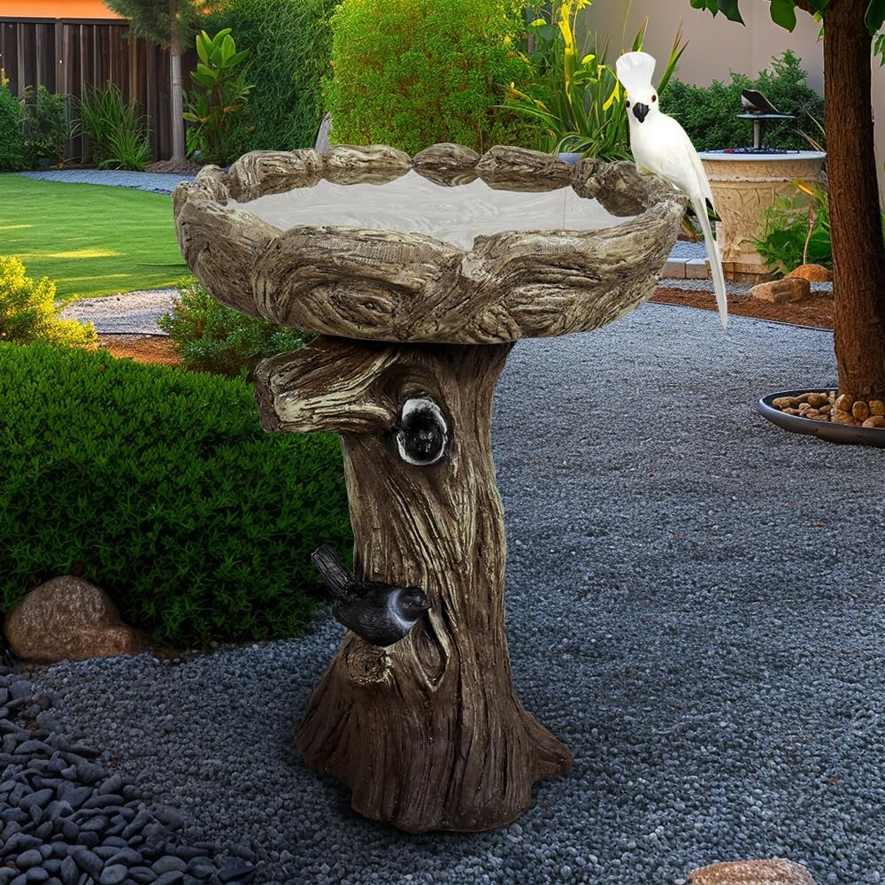 23" H Concrete Birdbath for Outdoor Garden with a Fake Bird Decor - Freestanding Trunk Like Bird Bath for Outside Garden Patio or Yard Decor