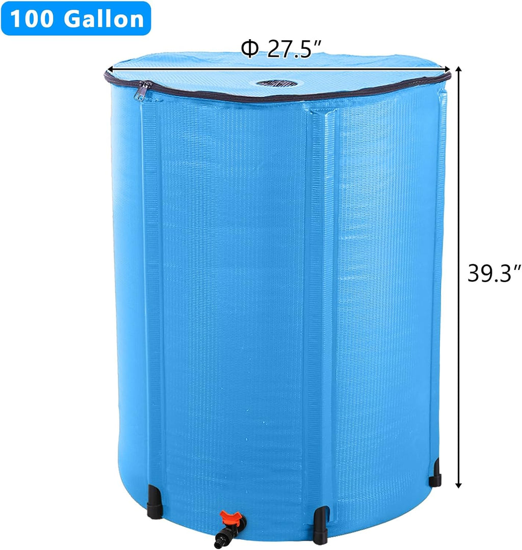 Collapsible Rain Barrel, 100 Gallon Portable Rainwater Collection System, Water Storage Tank, Rain Catcher Barrel with Spigots and Overflow Kit, Rain Water Barrel Collector for Garden, Blue