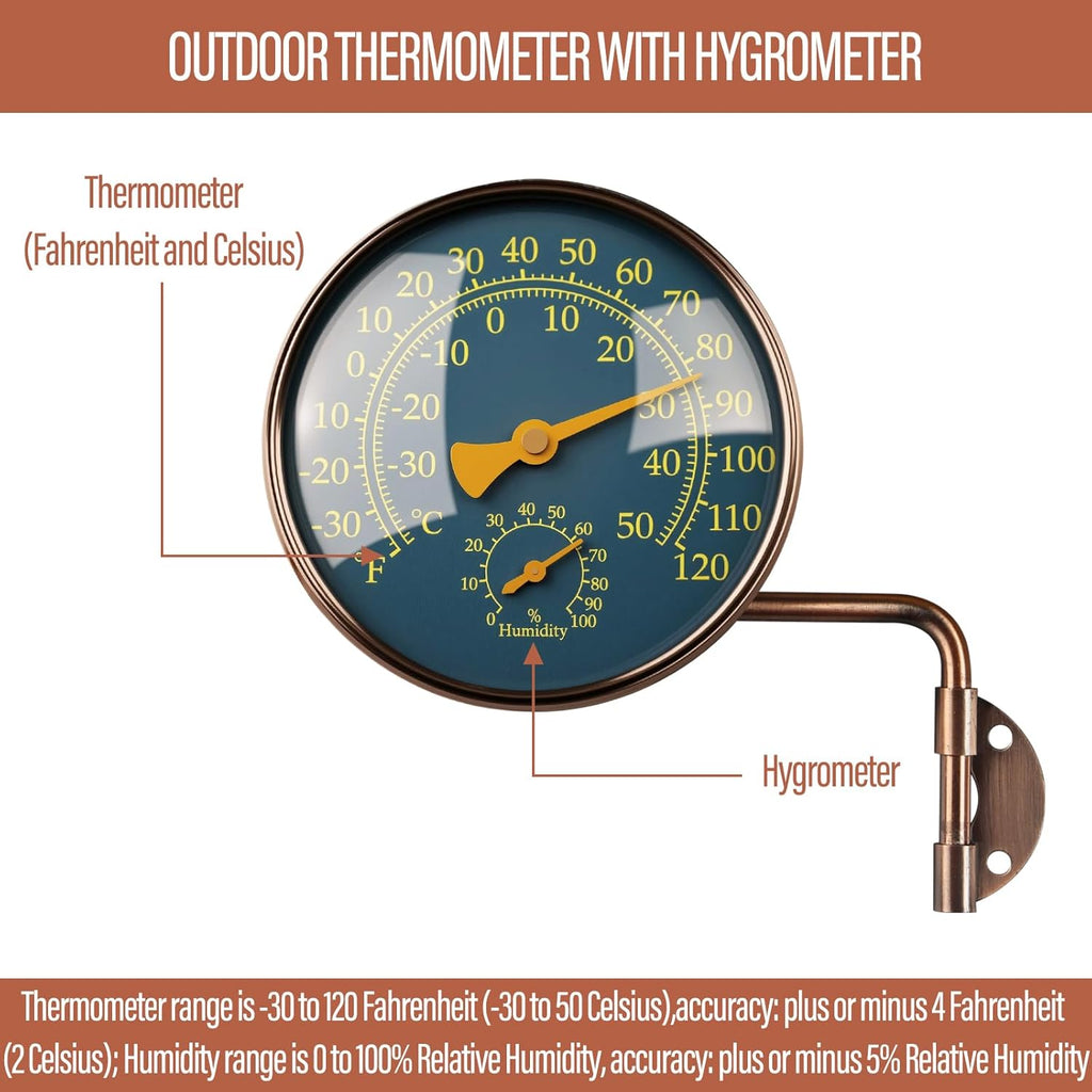 4 Inch Brass Outdoor Thermometer - Analog Temperature Gauge for Patio, Greenhouse and Garage