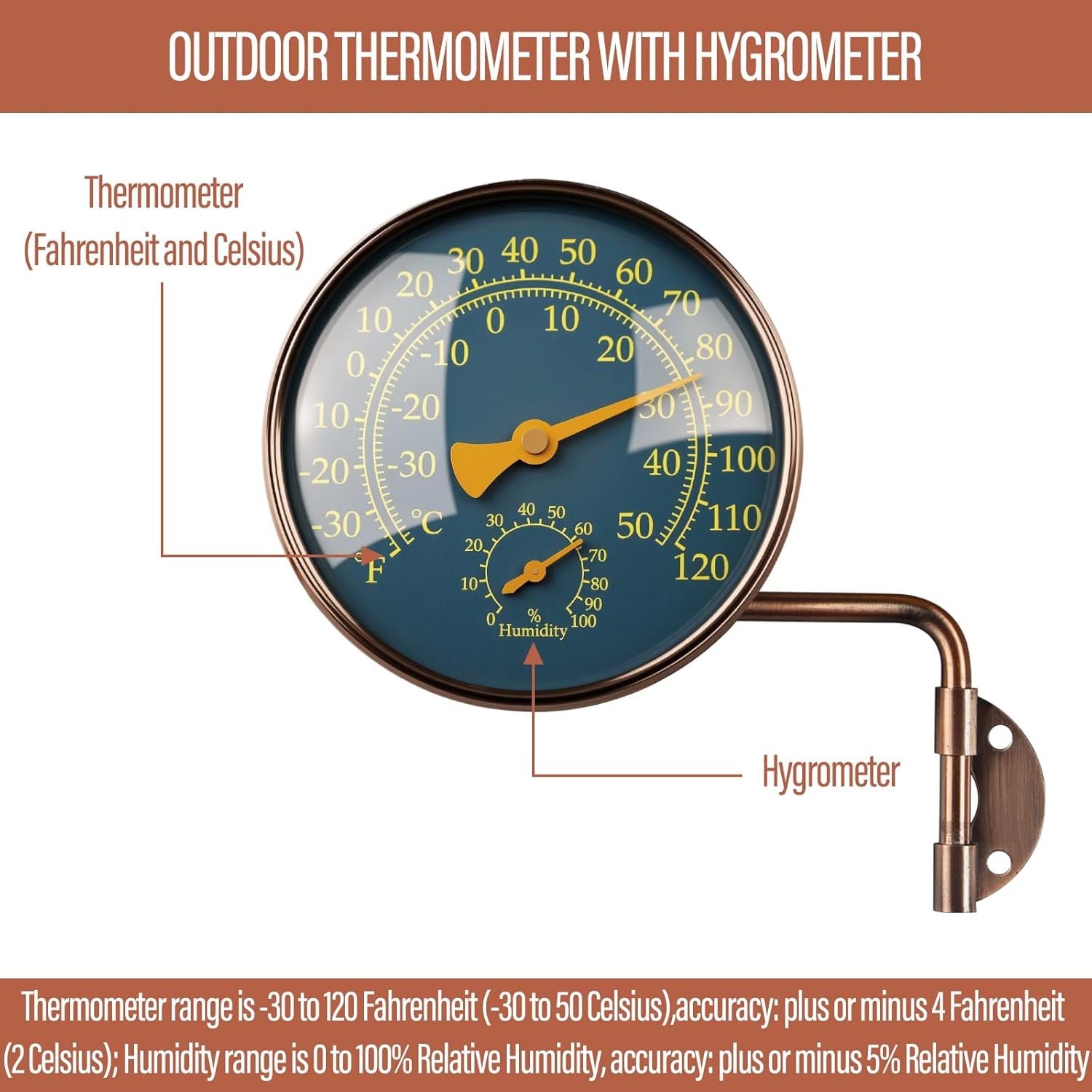 4 Inch Brass Outdoor Thermometer - Analog Temperature Gauge for Patio, Greenhouse and Garage