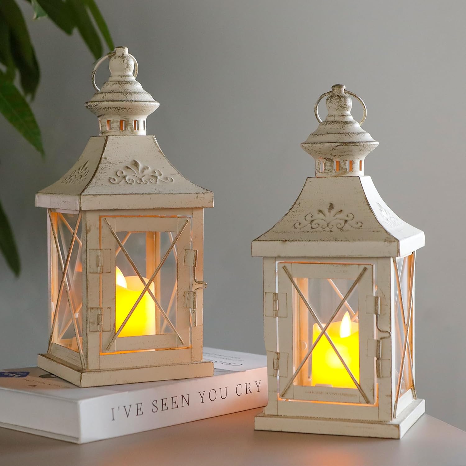 TRIROCKS Set of 2 Decorative Candle Lantern 11'' High Metal Candle Holder Hanging Lantern Perfect for Home Decor Halloween Living Room Parties Events Tabletop Indoors Outdoors (White with Gold Brush)