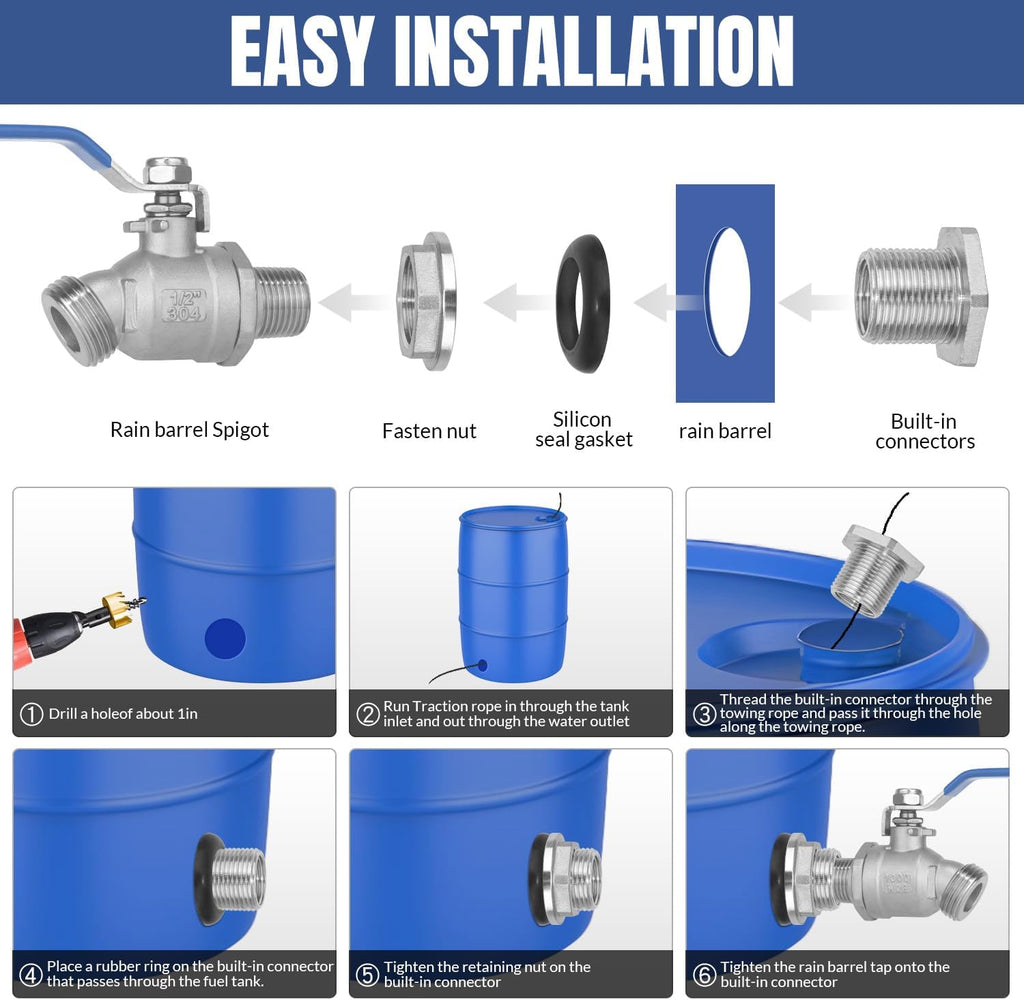 Rain Barrel Spigot Kit High Flow Spigot for Water Barrel 304 Lead-Free Compliant Stainless Steel for Rain Barrels 1/2"NPT to 3/4"GHT Rain Barrel Quarter Turn Spigot with Bulkhead Fitting