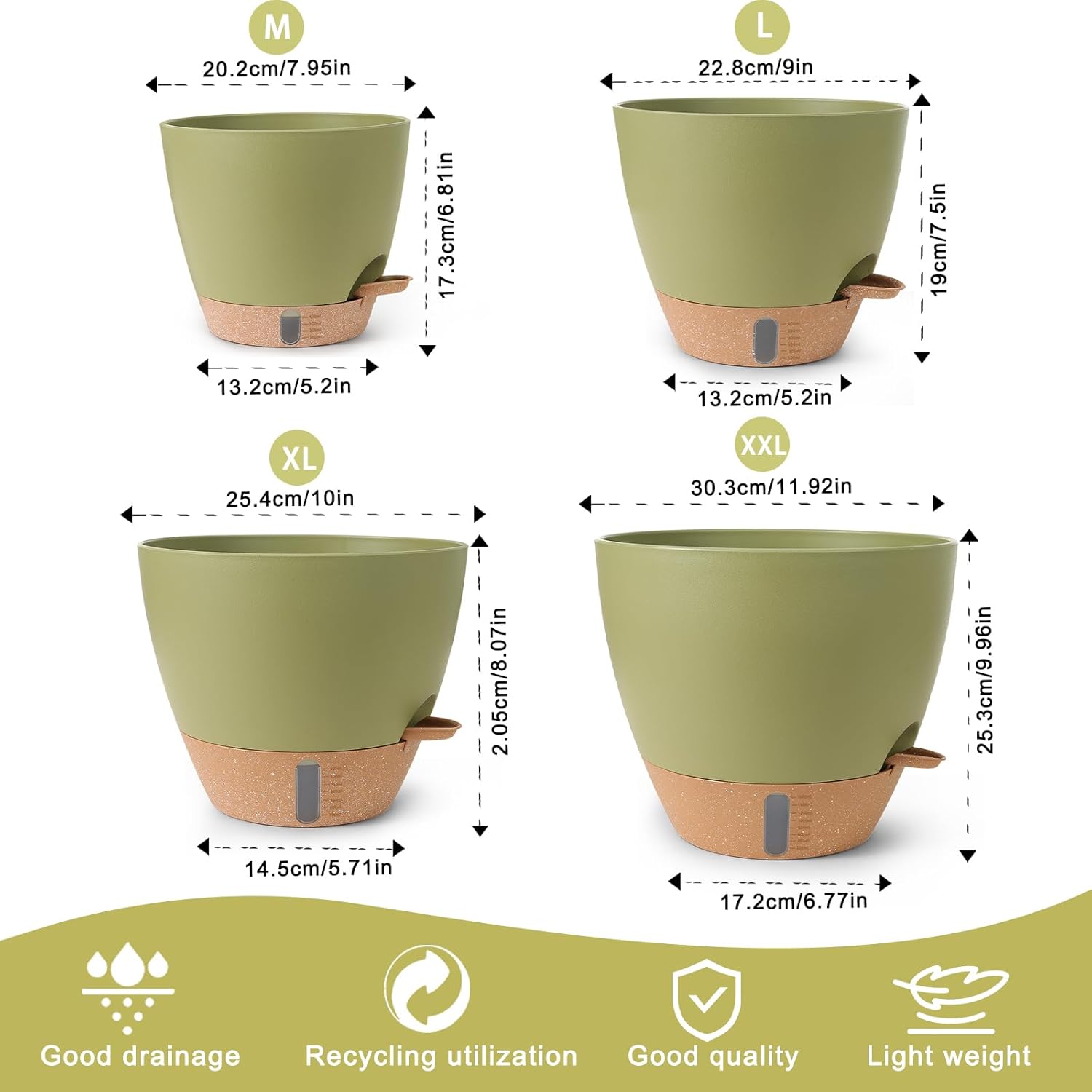 Plant Pots,12/10/9/8/ Inch Large Plastic Self Watering Flower Pots Indoor Outdoor with Drainage Holes, Deep Reservoir,Nursery Planting Pot for Indoor Out Door Plants
