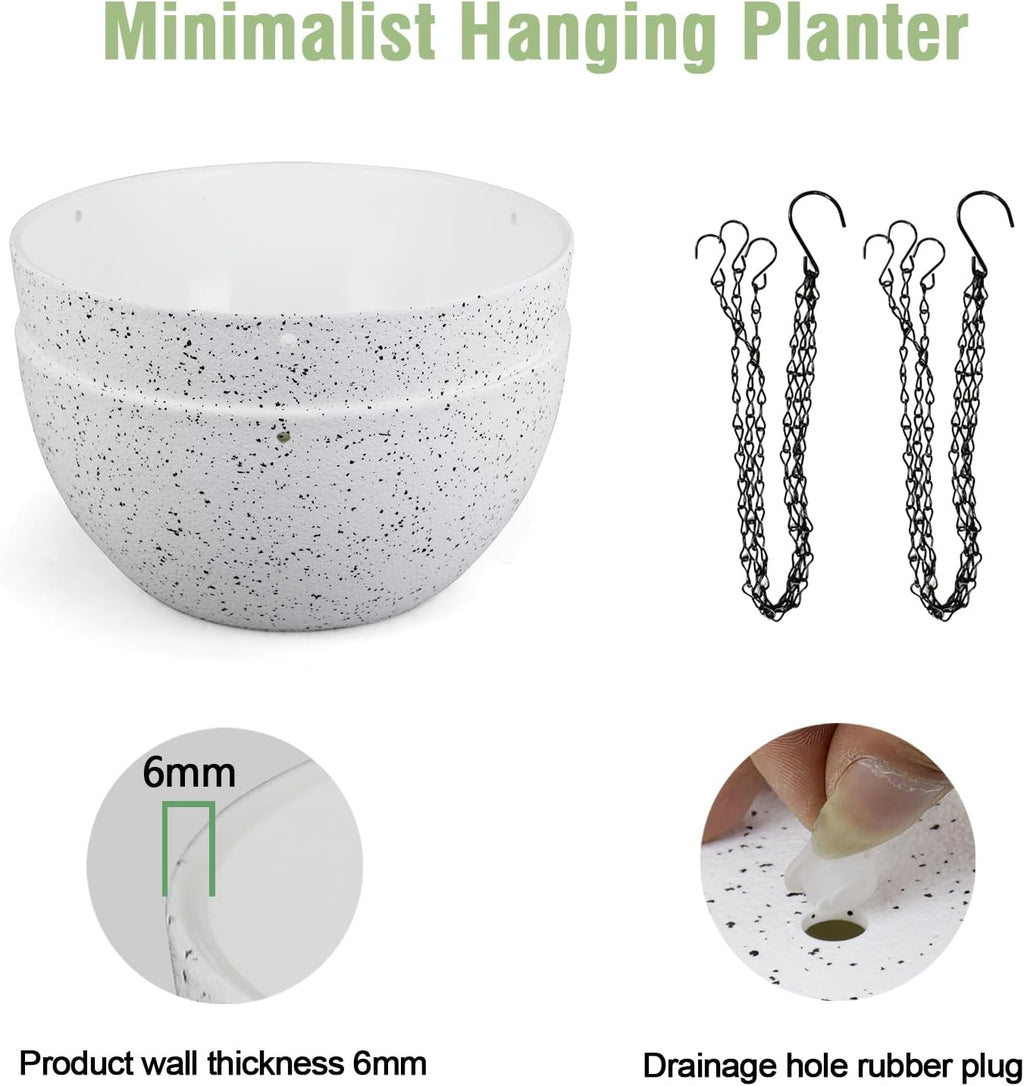 10 inch Hanging Planters for Indoor Outdoor Plants, 2 Pack Hanging Flower Pots with Drainage Holes and Chain for Garden Porch, Plastic Hanging Baskets for House Plants, Speckled White